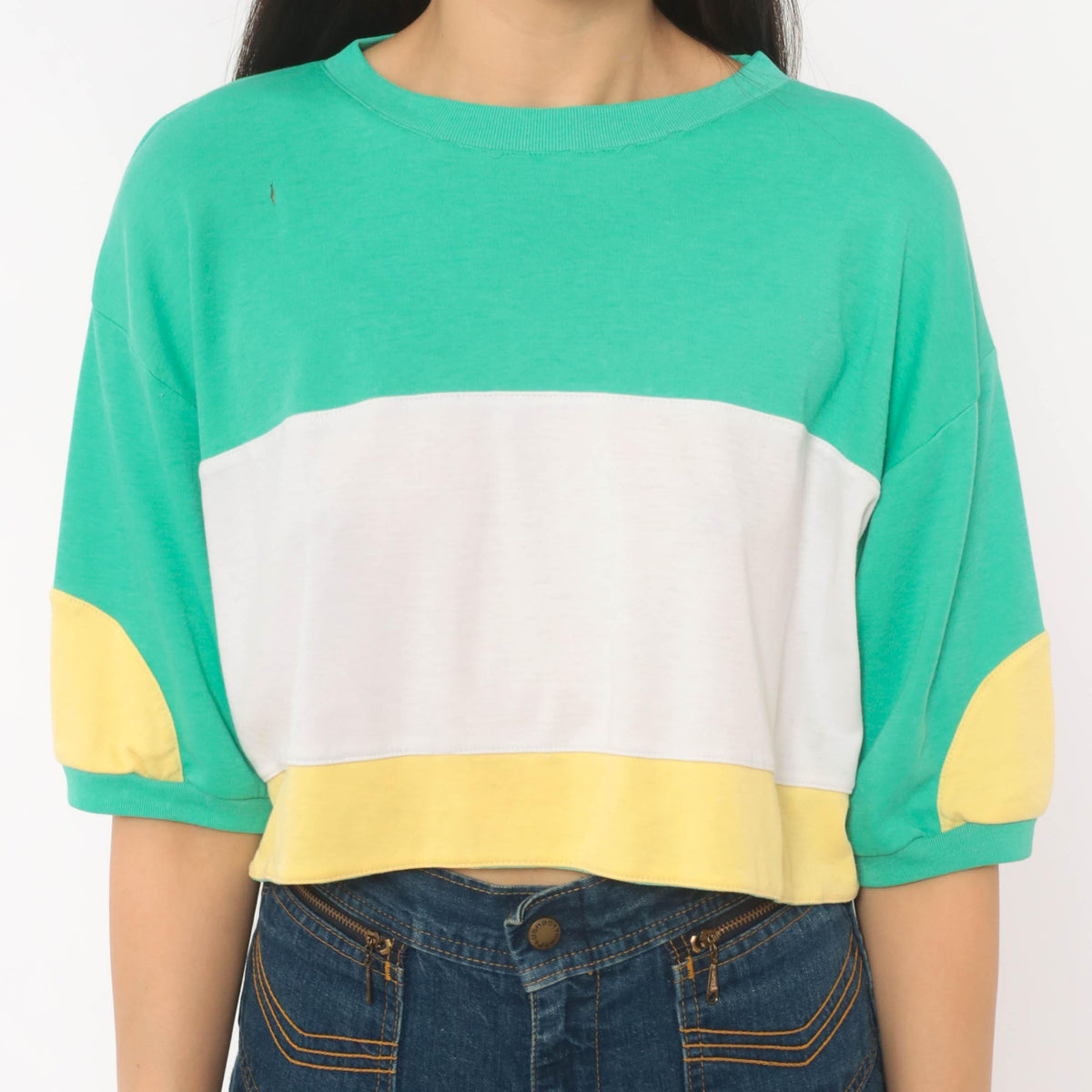 80s Color Block Crop Top Green White Yellow Cotton Medium M