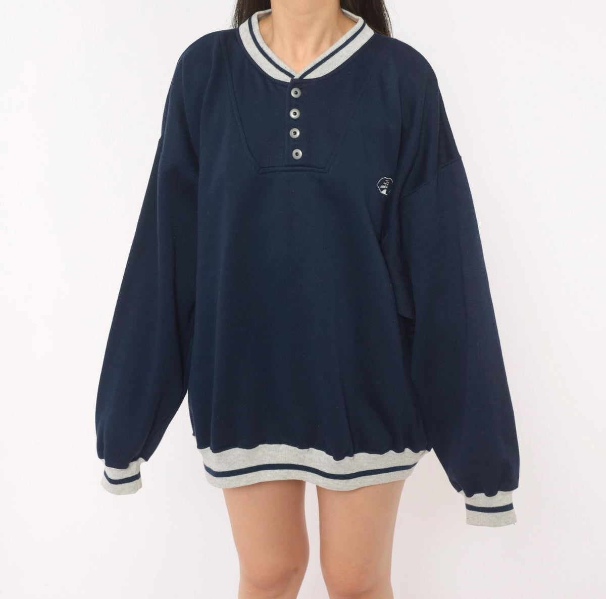 80s Puritan Navy Henley Sweatshirt Grey Stripe Snap Placket Plus Size XXL