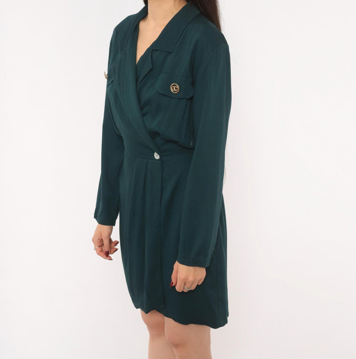 90s Deborah Teal Wrap Dress Gold Button Notched Collar Knee Length Small