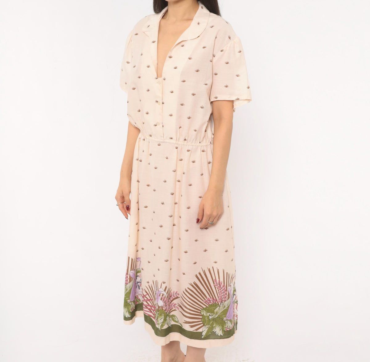 80s Jenny Wren Tropical Border Midi Dress Cotton Button Front Cream Extra Large