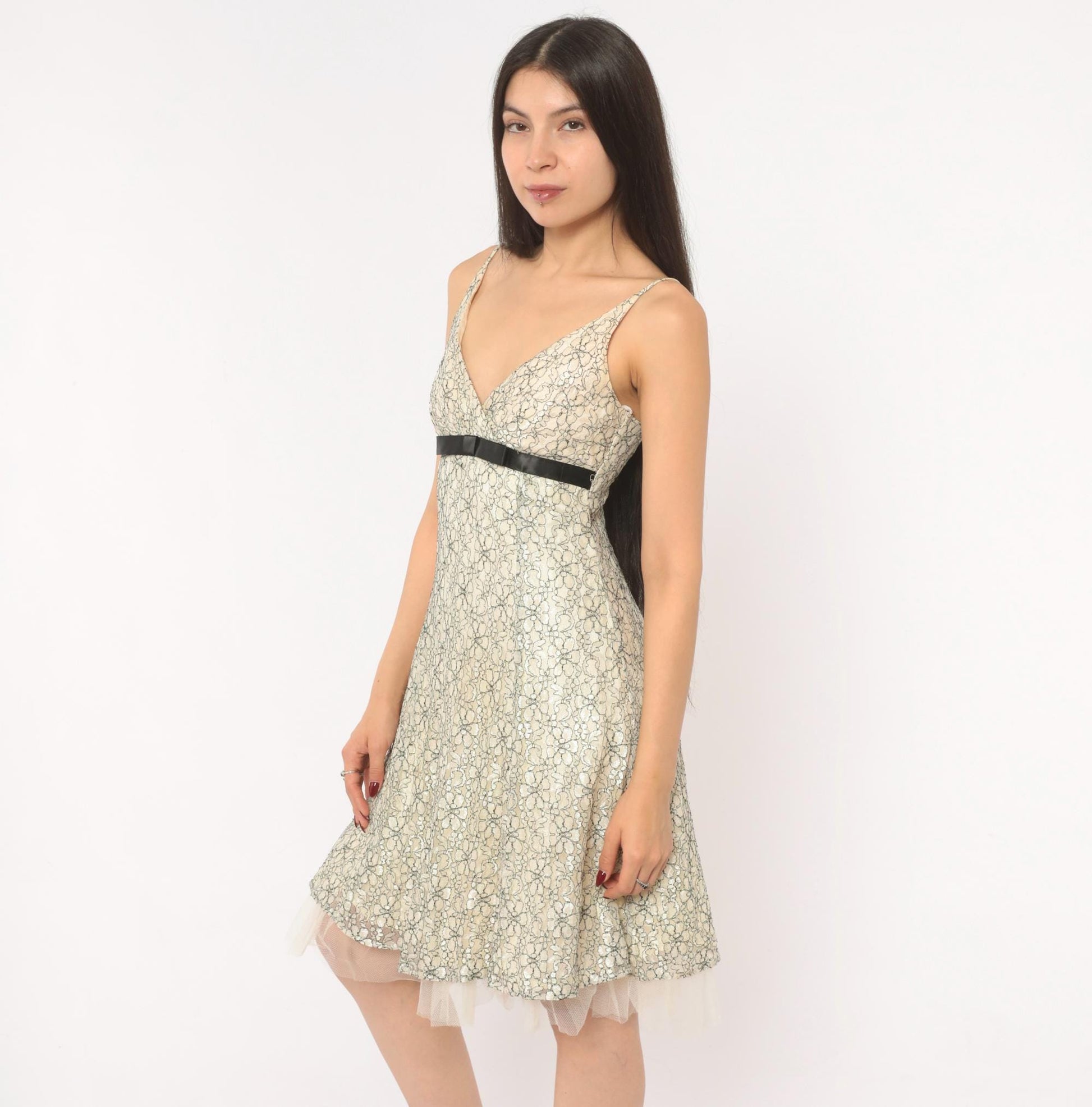 Y2K Intrigue Lace Floral Sundress Cream Black Satin Ribbon Empire Waist Extra Small XS