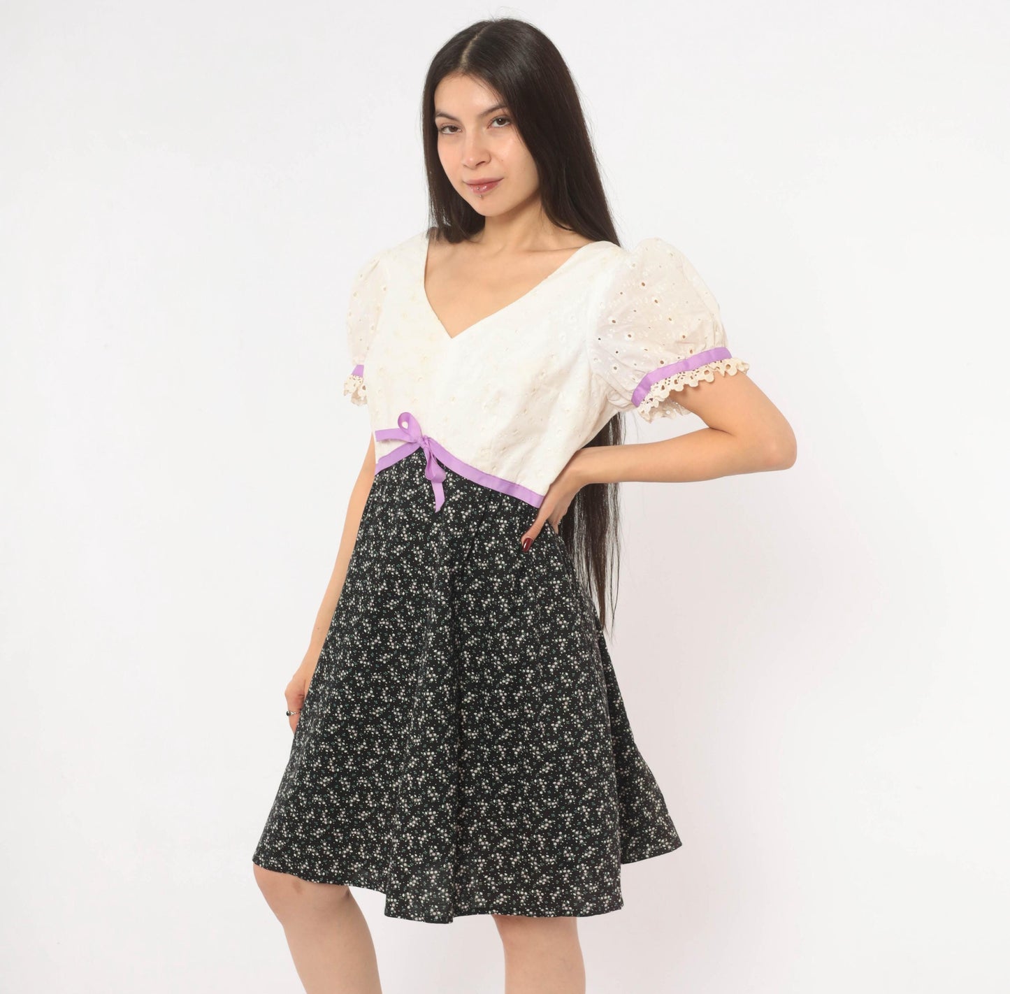 70s Princess Kaiulani Empire Waist Dress Eyelet Puff Sleeve Black Floral Medium M