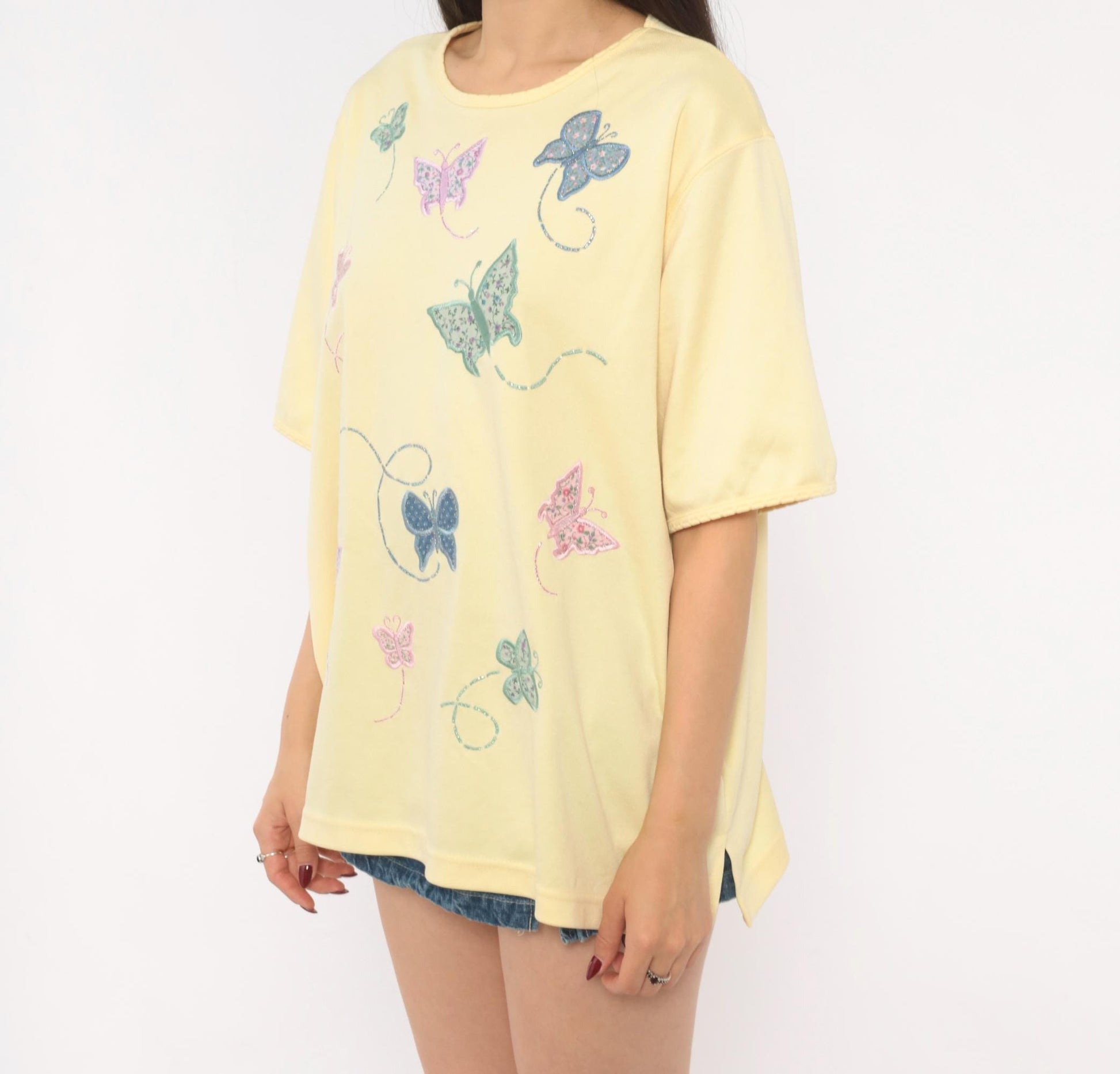 90s Bonworth Butterfly Applique Top Yellow Cotton Crew Neck Extra Large XL