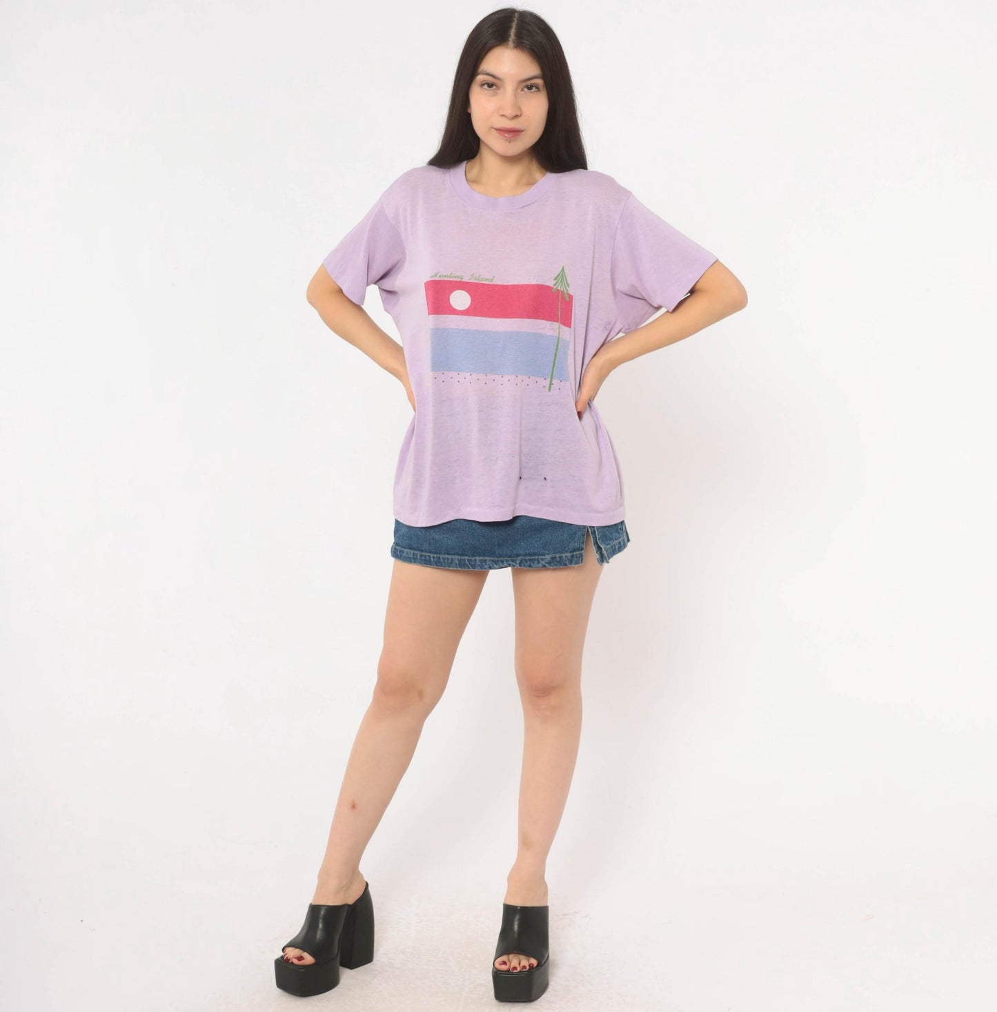 80s Hunting Island Graphic Tee Lilac Purple Sunset Beach Cotton Extra Large XL