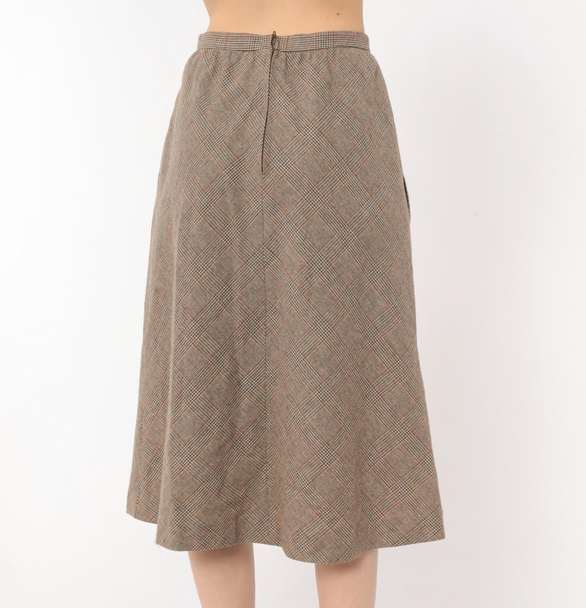 1970s Glen Plaid Wool A-Line Midi Skirt Brown Tan Check Extra Small XS