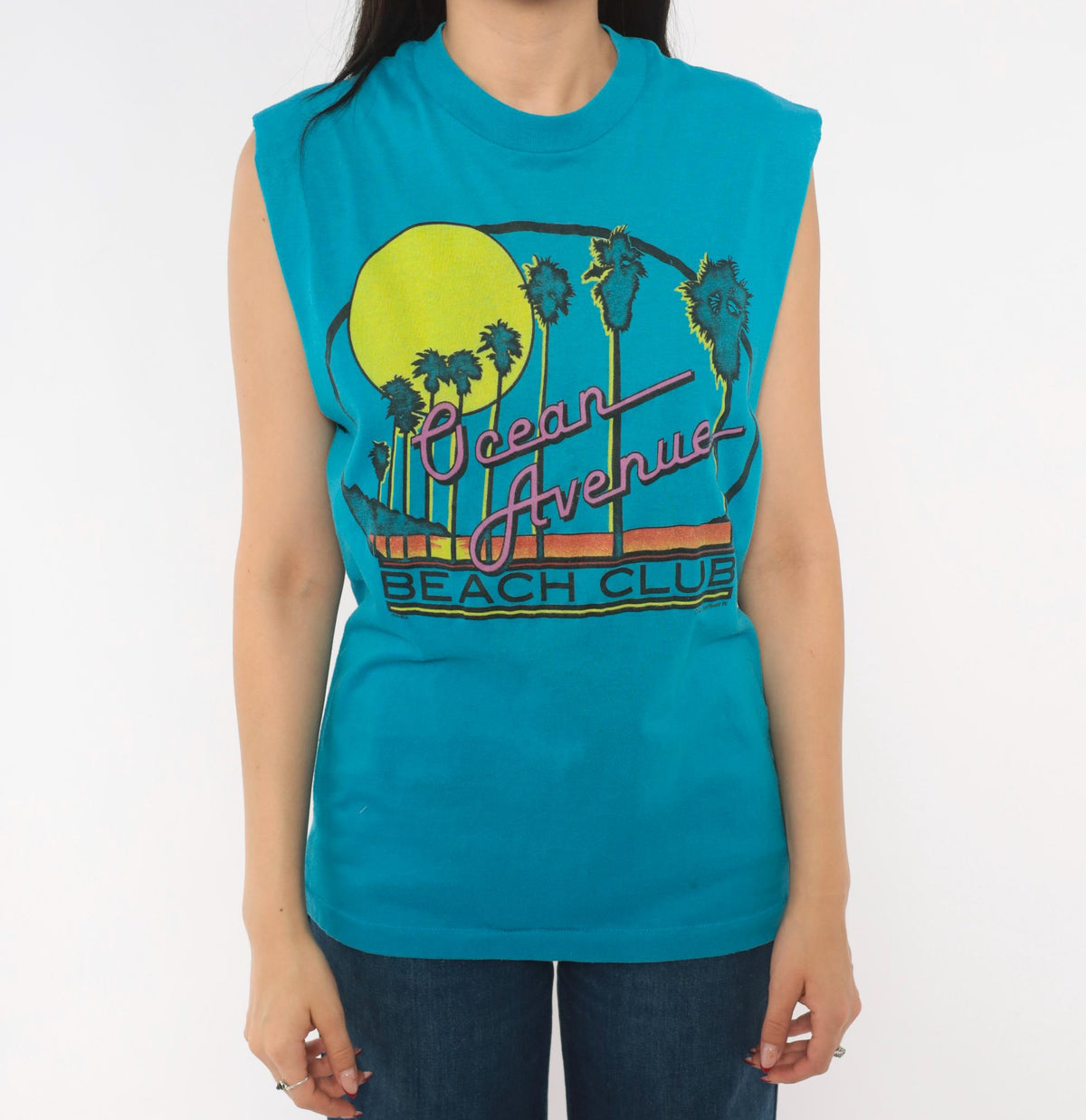 80s Chemise D'Sol Ocean Avenue Beach Club Teal Graphic Tee Palm Tree Sunset Small