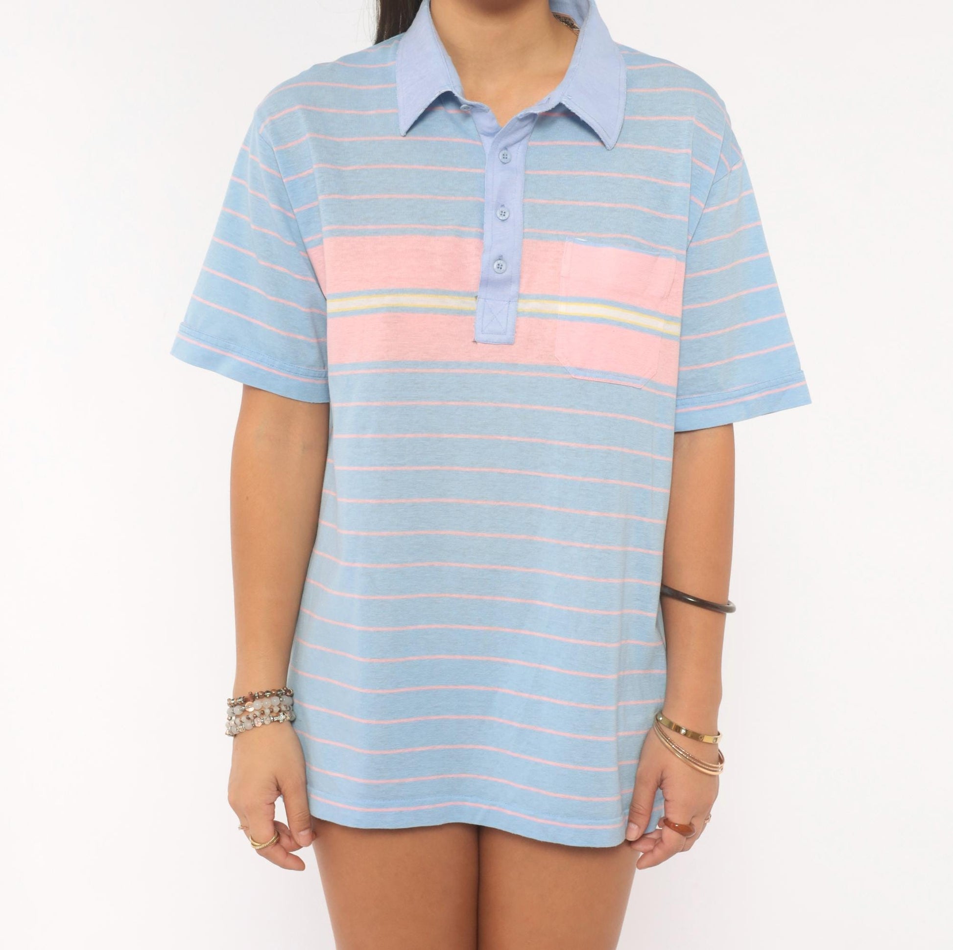80s Par Four Striped Polo Shirt Blue Pink Chest Pocket Medium