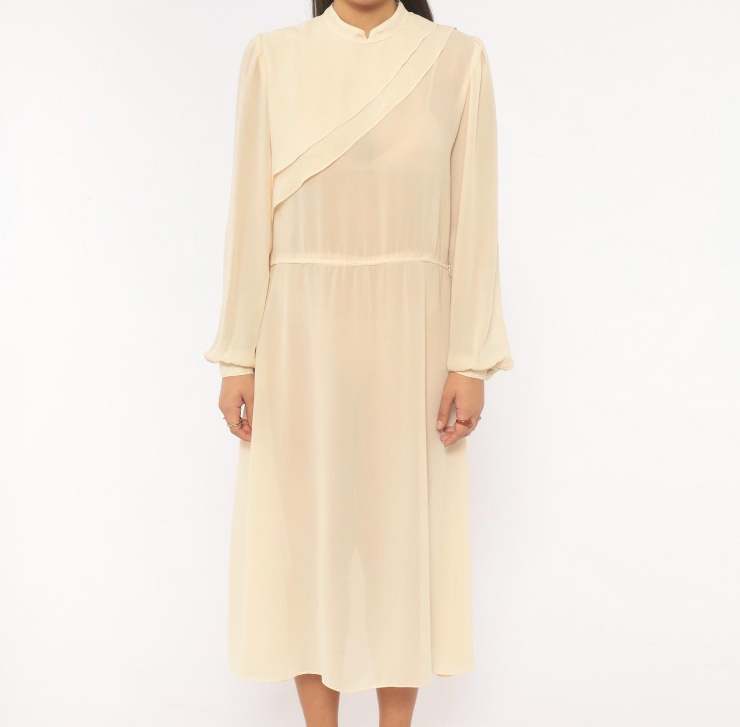 70s Jimmy Los Angeles Cream Chiffon Midi Dress Mandarin Collar Medium M