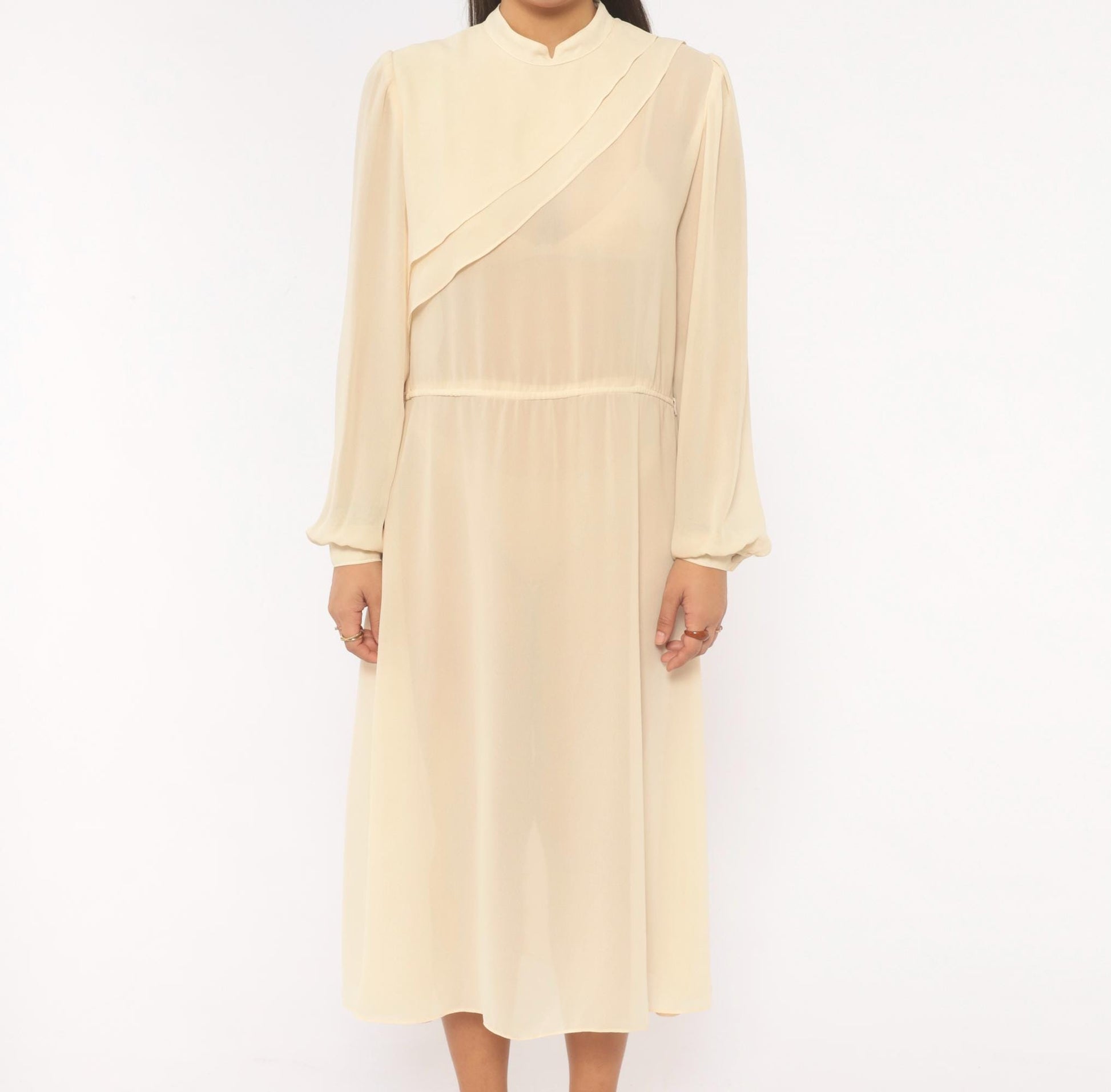 70s Jimmy Los Angeles Cream Chiffon Midi Dress Mandarin Collar Medium M