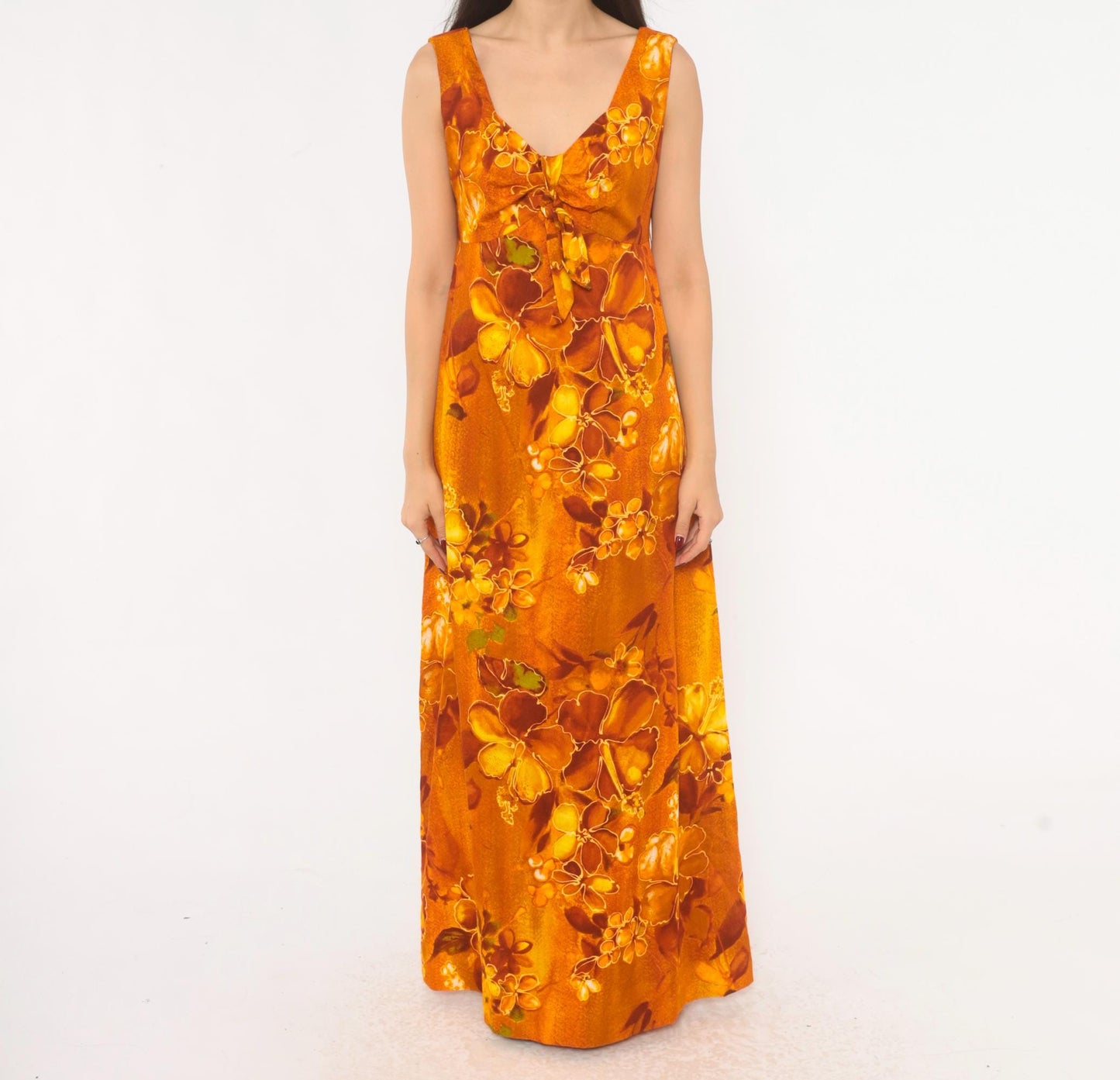 70s Kawika of Hawaii Maxi Dress Orange Floral Empire Waist Medium