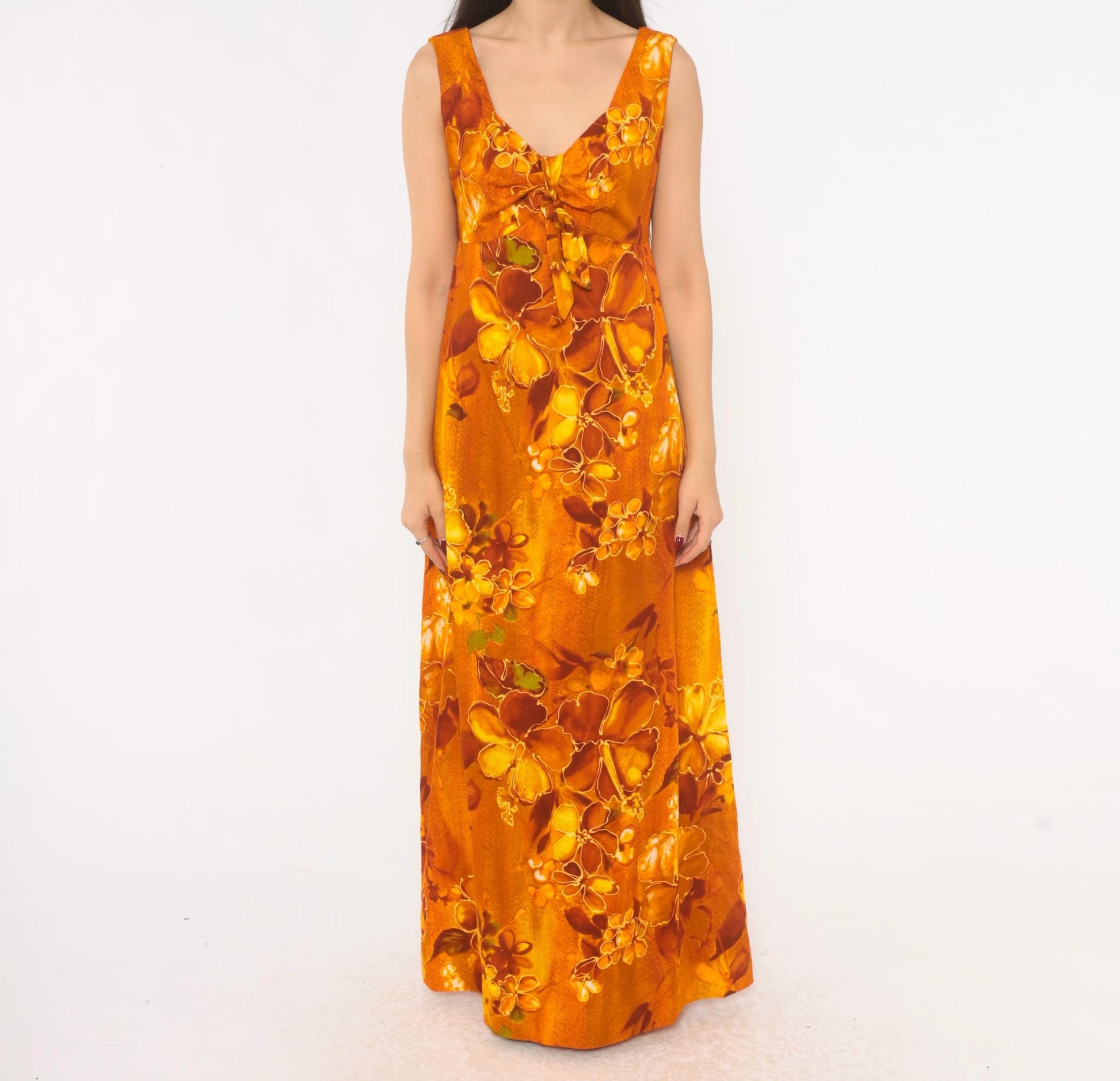 70s Kawika of Hawaii Maxi Dress Orange Floral Empire Waist Medium