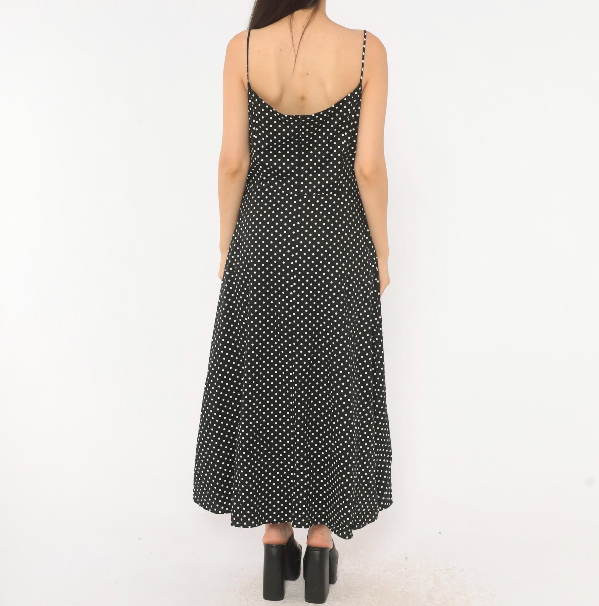 90s Jessica Howard Black White Polka Dot Cotton Maxi Slip Dress Medium M