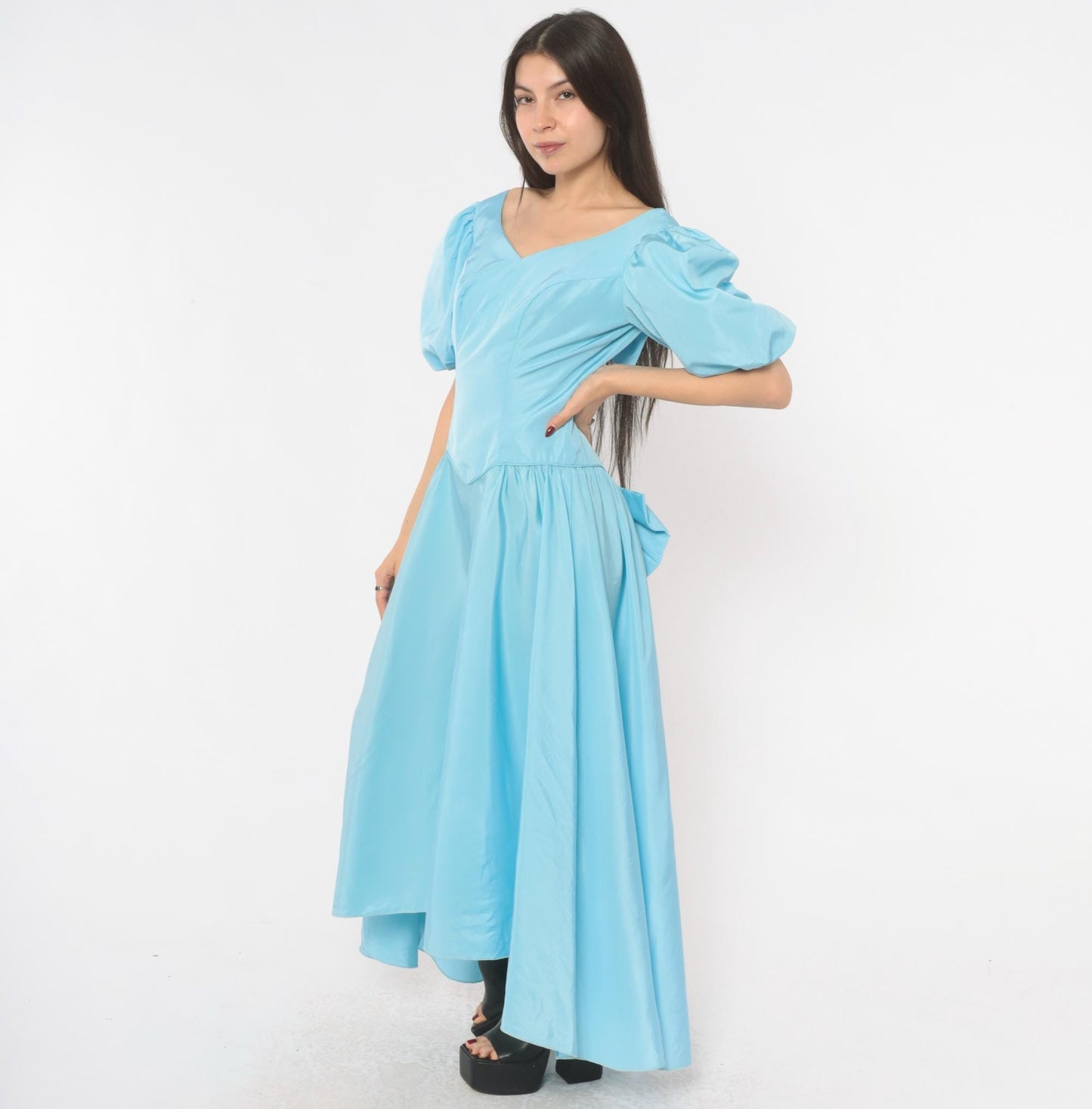 80s Sky Blue Puff Sleeve Gown Sweetheart Neckline Bow Back Maxi Medium M