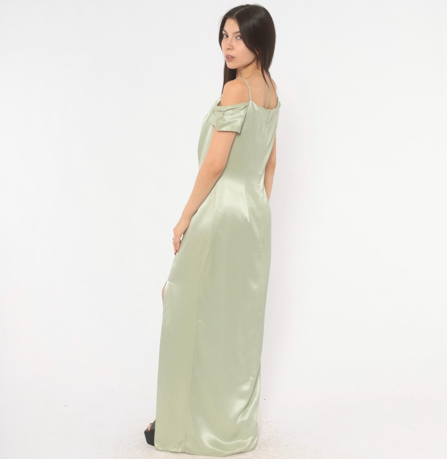 90s Bill Levkoff Sage Green Cold Shoulder Maxi Gown Medium M