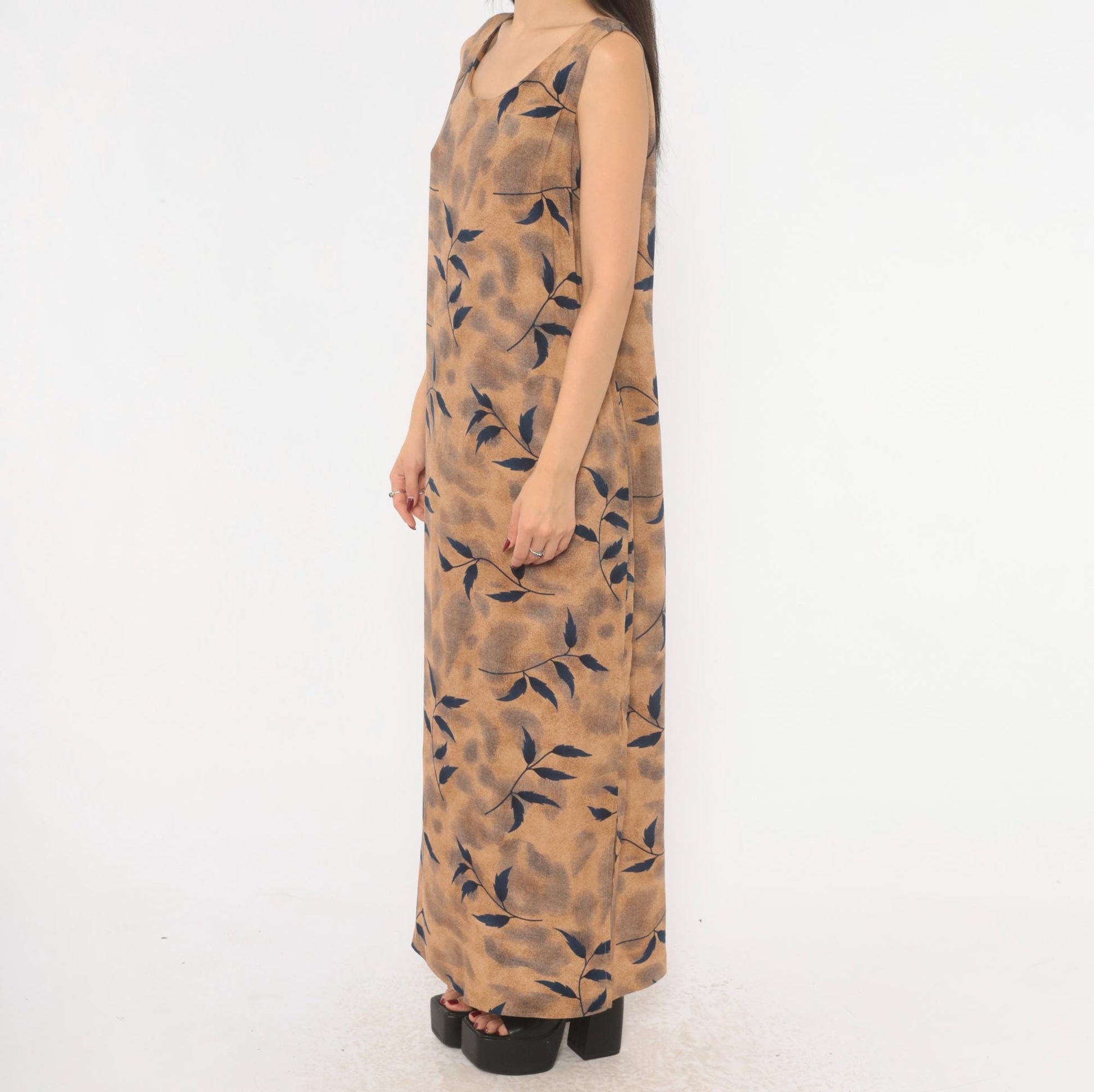 90s Miss Dorby Leaf Print Maxi Dress Tan Navy Sleeveless Medium M