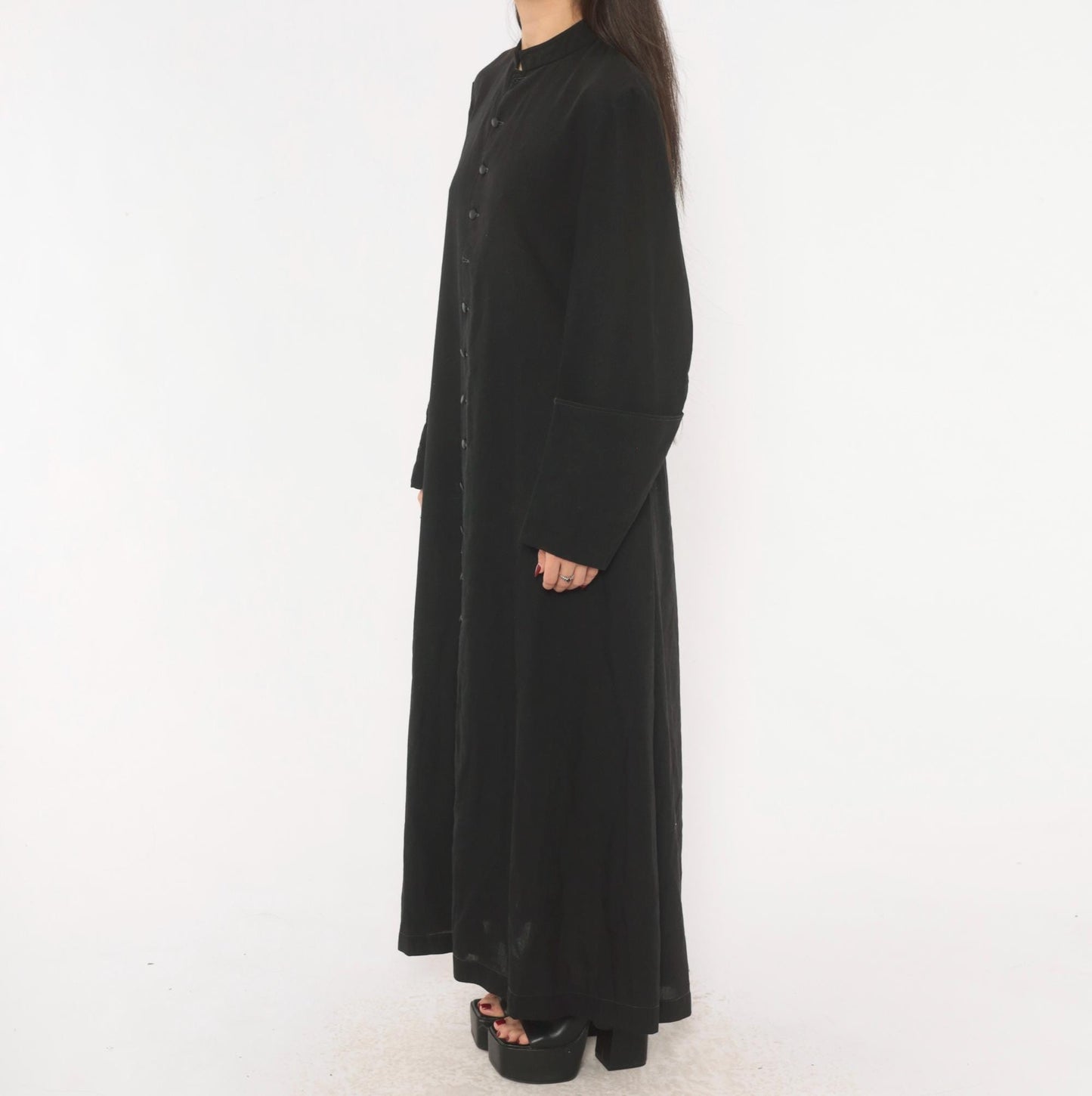 90s Black Maxi Dress Mandarin Collar Button Front Long Sleeve Medium