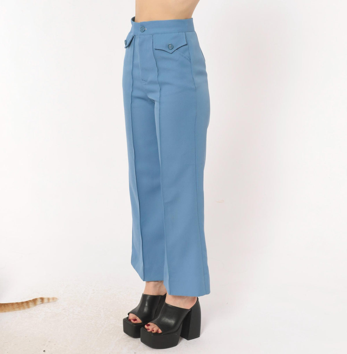 70s Steel Blue High Waisted Wide Leg Flare Trousers Cropped Ankle Extra Small XS
