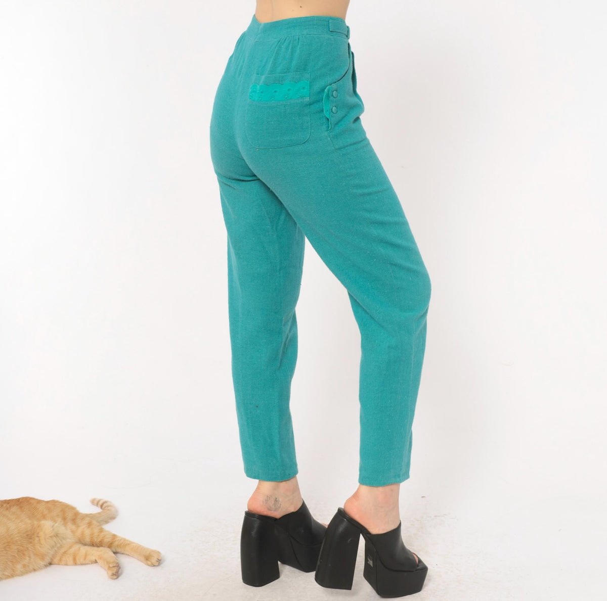 80s Teal High-Waist Pleated Tapered Trousers Eyelet Pockets Extra Small XS