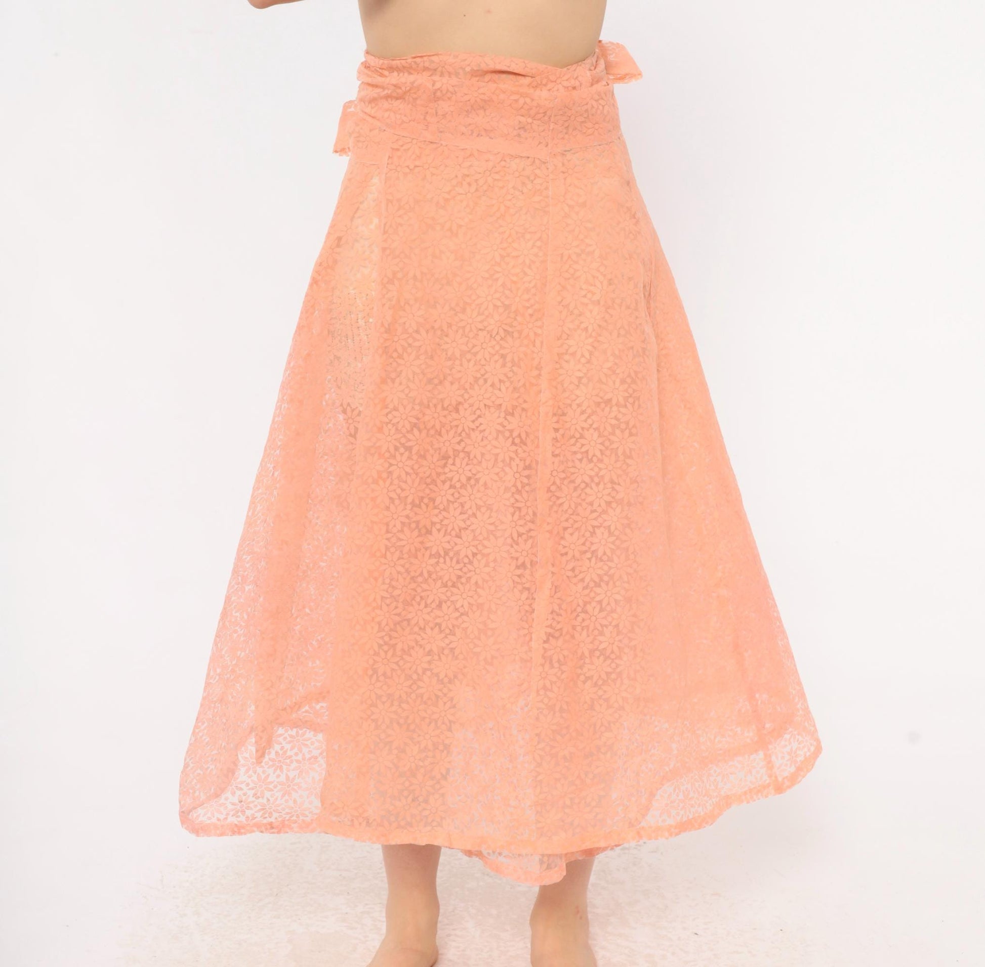 90s Peach Floral Lace Wrap Midi Skirt A-Line Daisy Sheer Medium to Extra Large