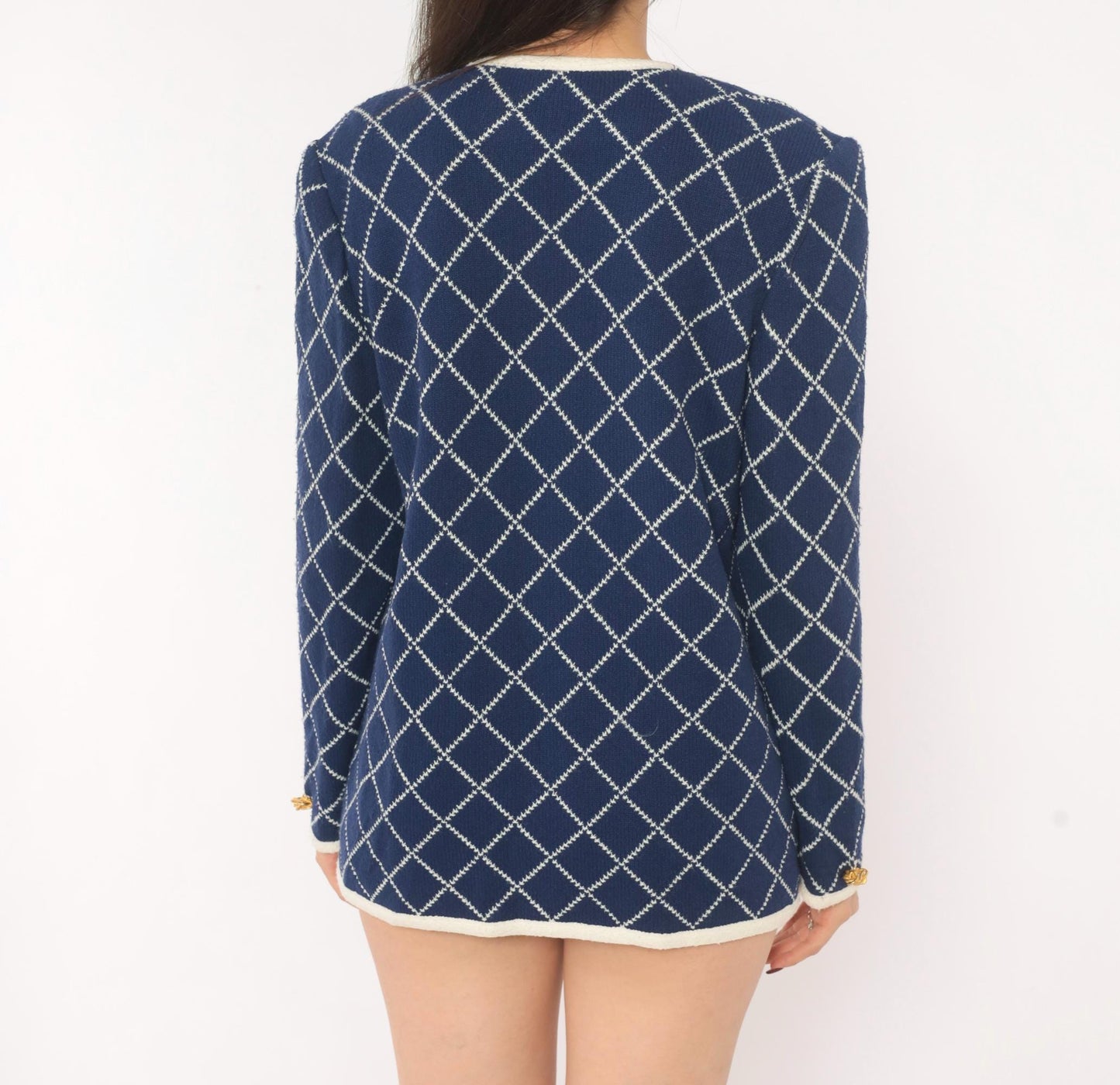 80s Castleberry Navy Diamond Knit Blazer White Trim Collarless Small