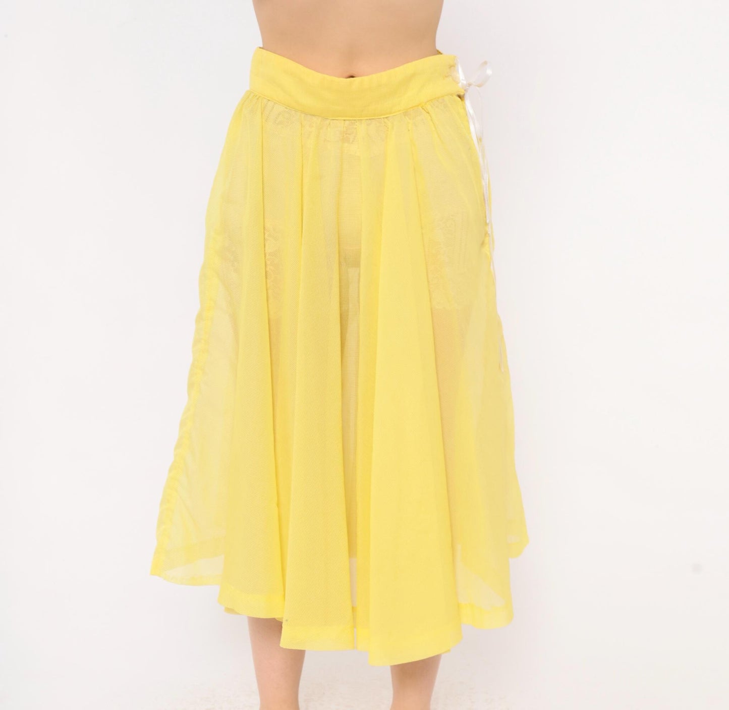 80s Yellow Sheer Circle Skirt Midi Ribbon Tie Lemon Chiffon Small