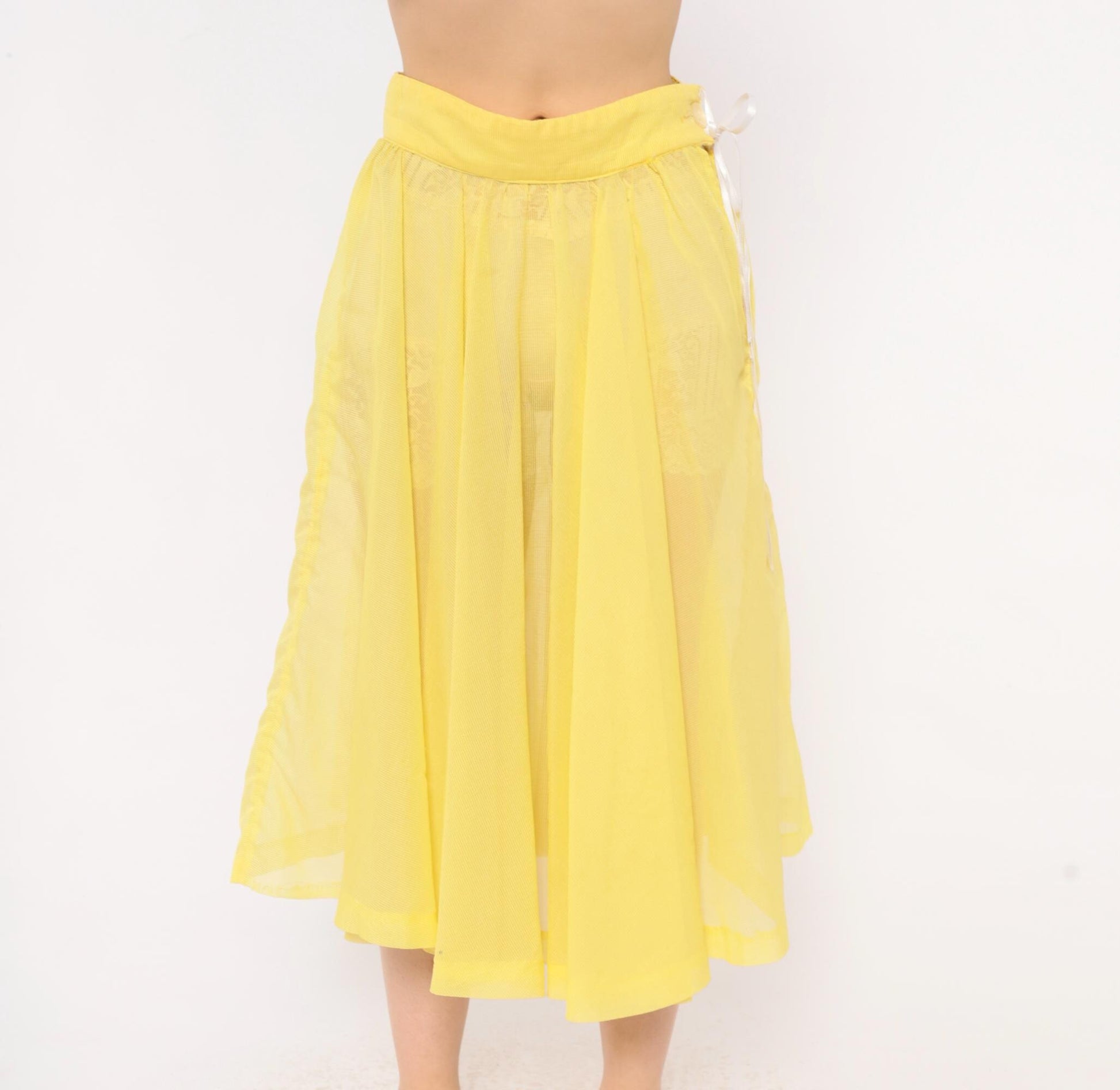 80s Yellow Sheer Circle Skirt Midi Ribbon Tie Lemon Chiffon Small