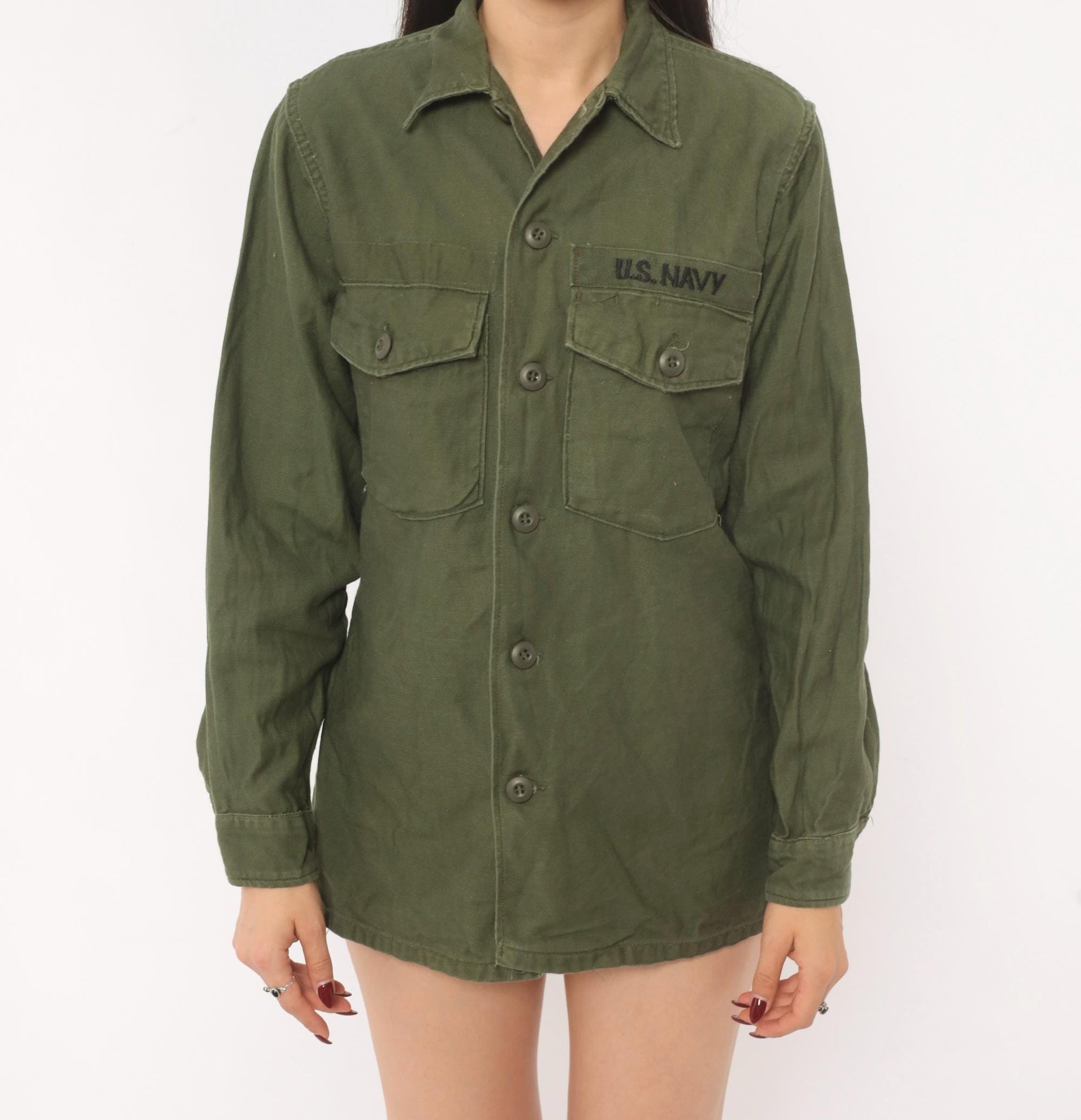 80s U.S. Navy Utility Shirt Olive Drab Cotton Military Field Top Medium