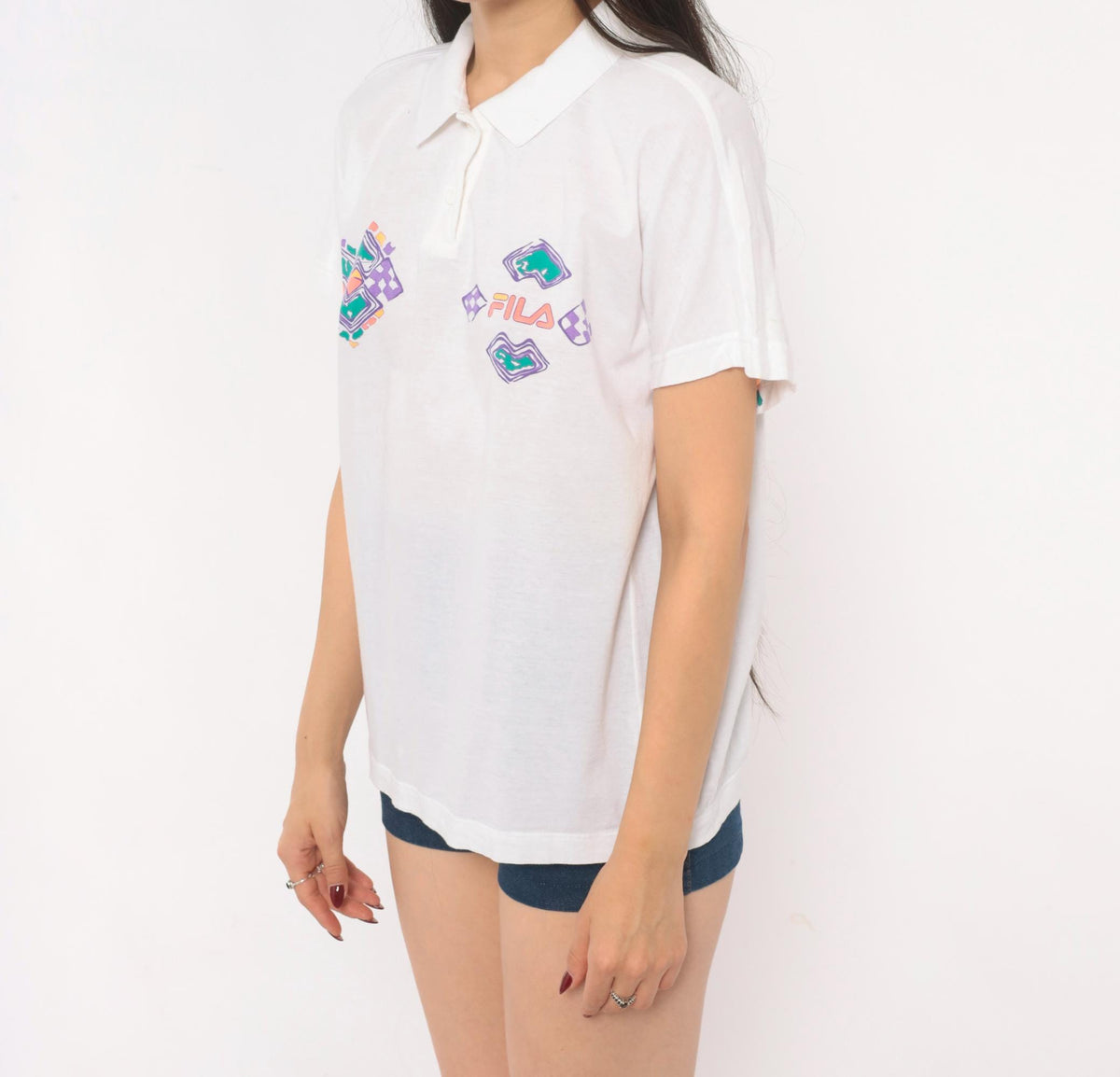 80s Fila Geometric Polo White Cotton Diamond Pattern Large