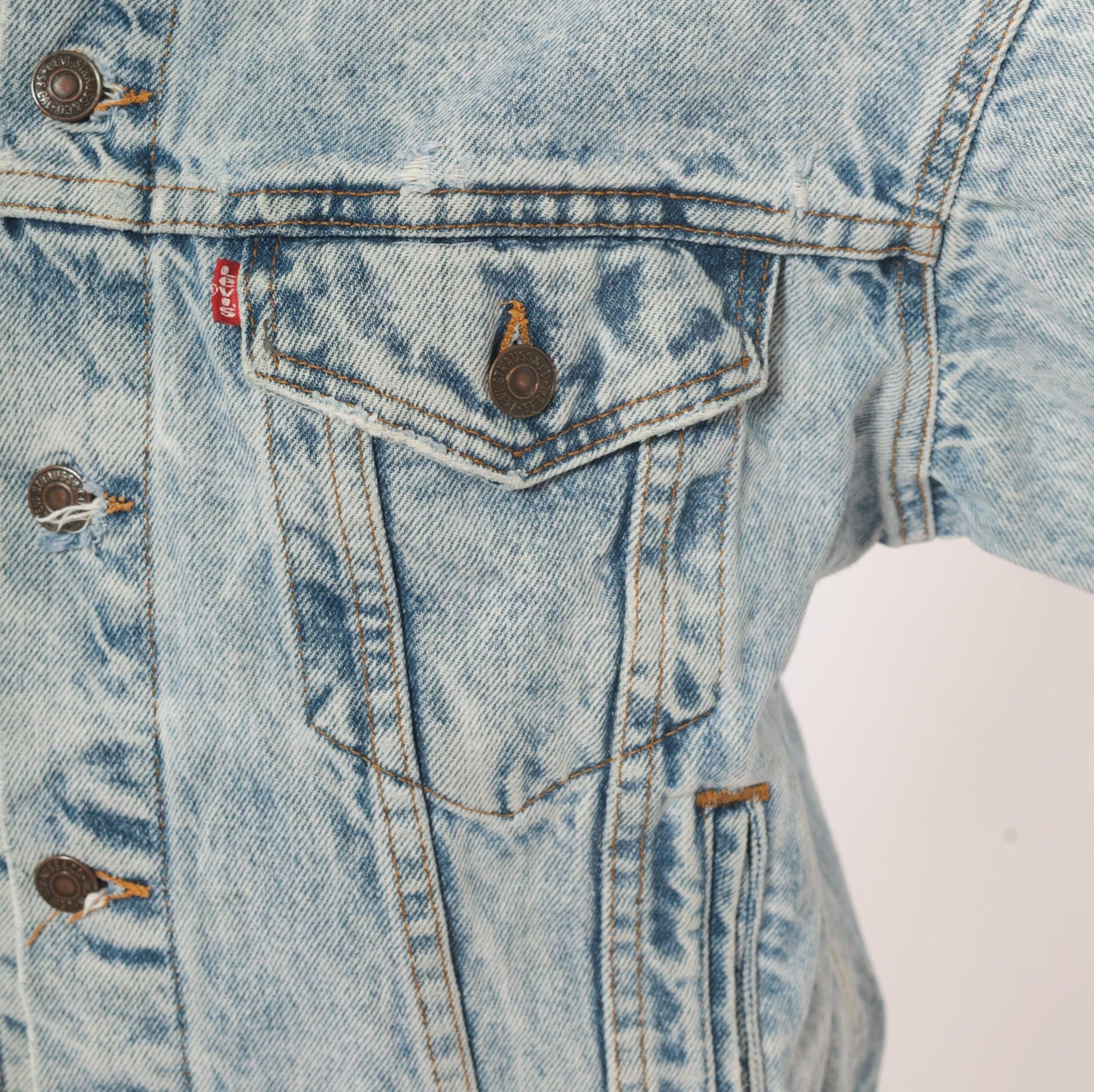 80s Levi's Acid Wash Denim Trucker Jacket Light Blue Distressed XS