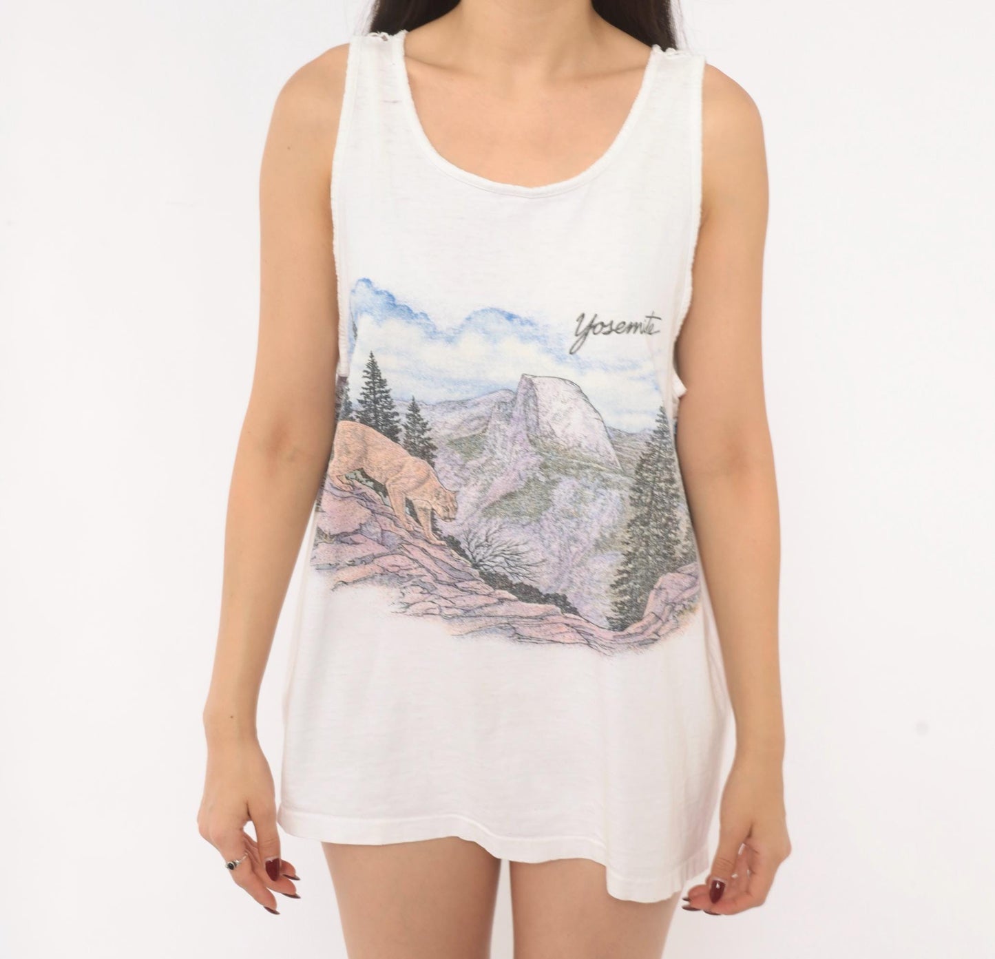 90s Yosemite Mountain Lion Tank Top White Graphic Nature Cotton Large L