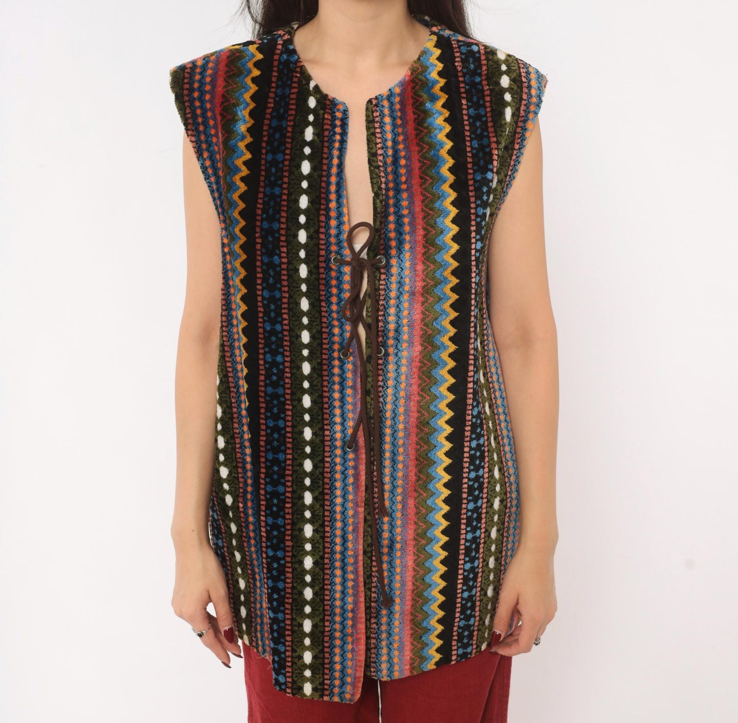 70s Chenille Tapestry Vest Multicolor Zigzag Stripe Lace-Up Tunic Large L
