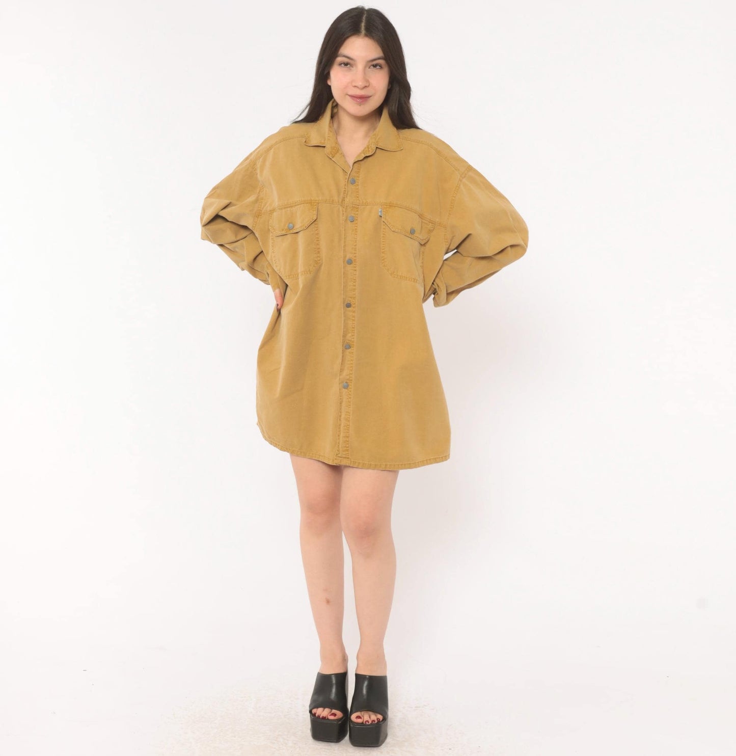 90s Levi's Mustard Cotton Button-Front Shirt Spread Collar Large L