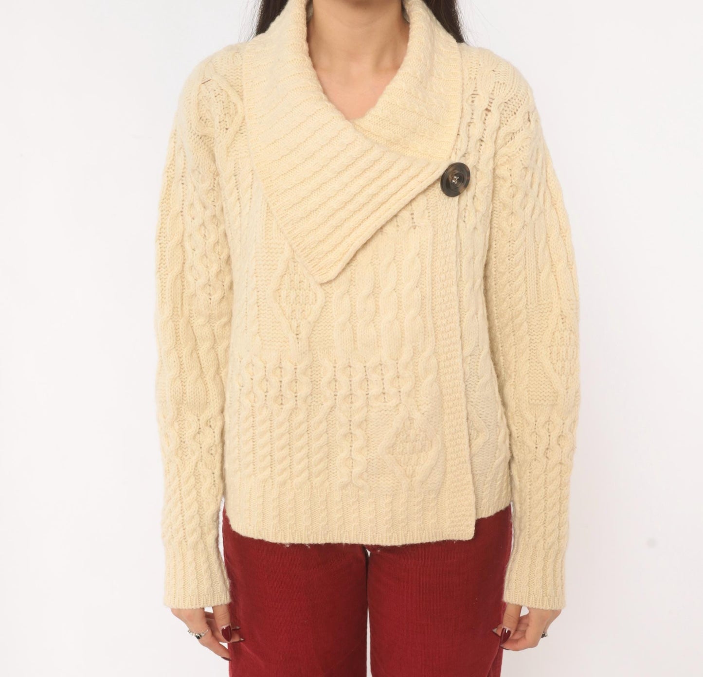 80s Arancrafts Aran Cable Knit Cardigan Cream Wool Shawl Collar Small S