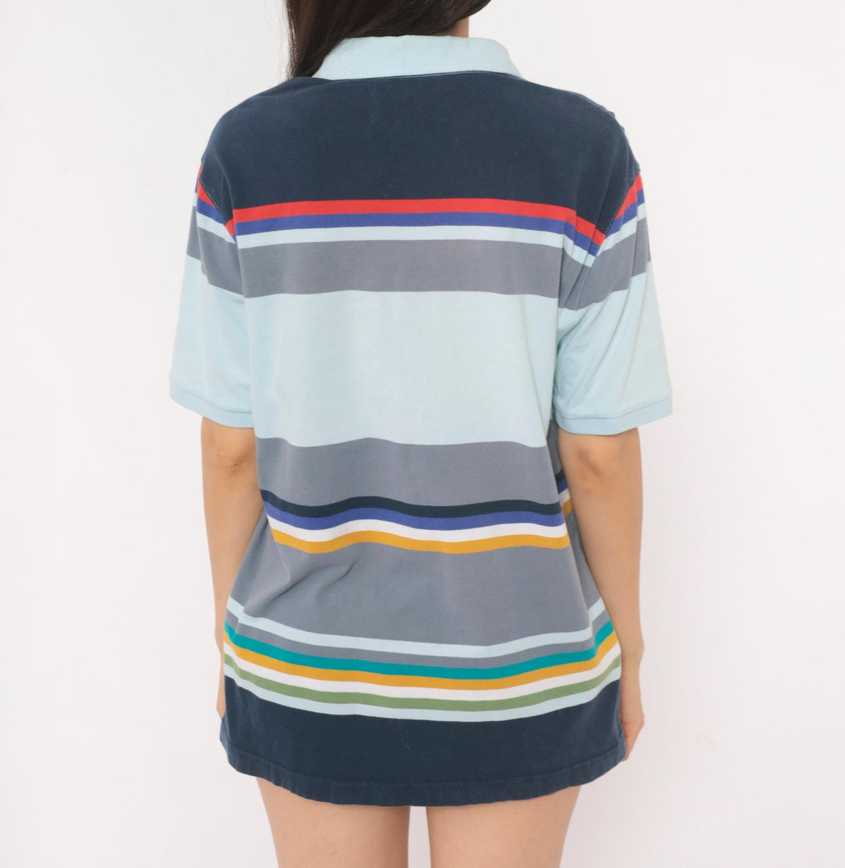 Y2K Penguin Striped Polo Cotton Collared Shirt Multicolor Large L