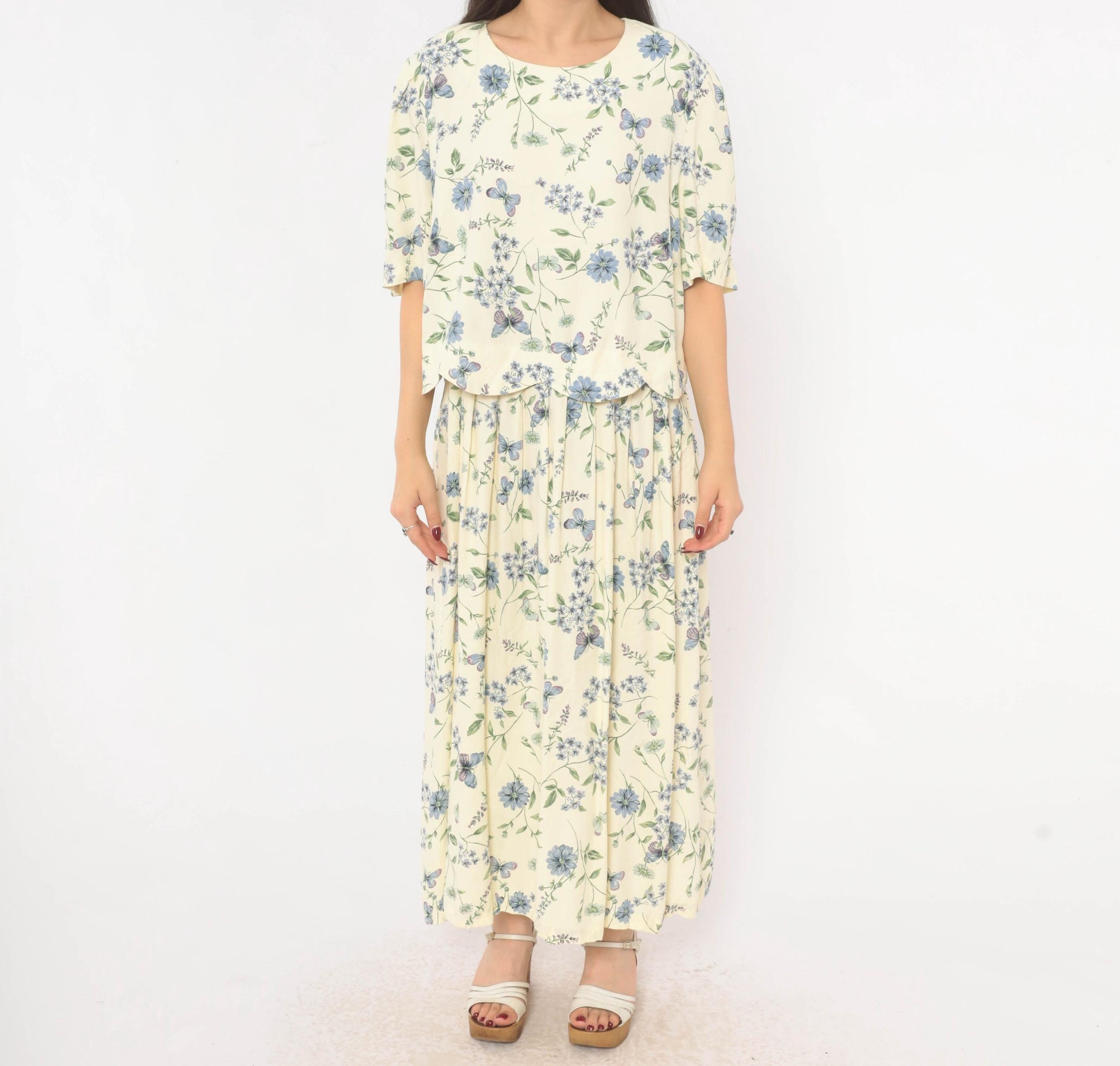 90s SL Fashions Floral Maxi Dress Cream Blue Lavender Peplum Short Sleeve Extra Large XXL