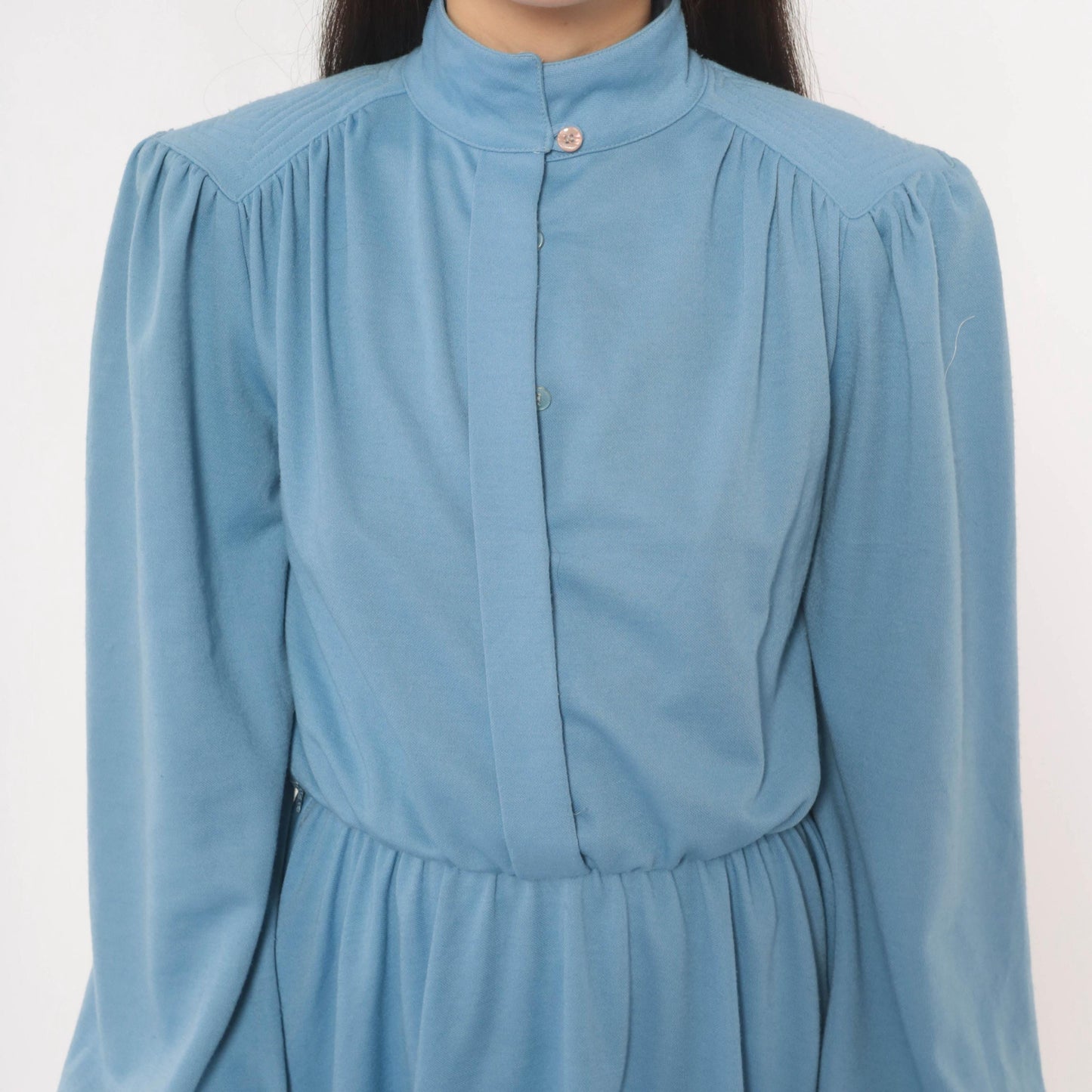 70s Sky Blue Sunshine Alley Dress Bishop Sleeve Quilted Yoke Knee Length Medium M