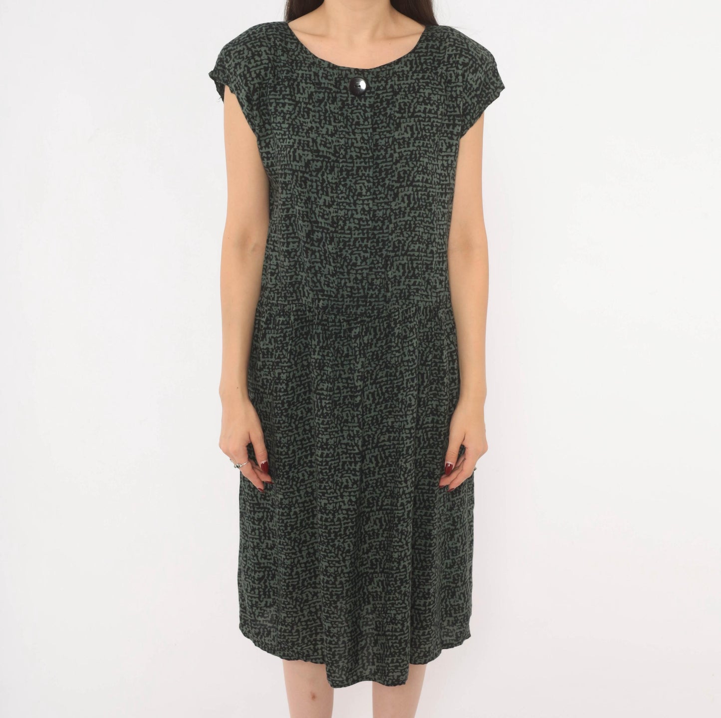 90s Items Abstract Print Dress Olive Black Cap Sleeve Medium M