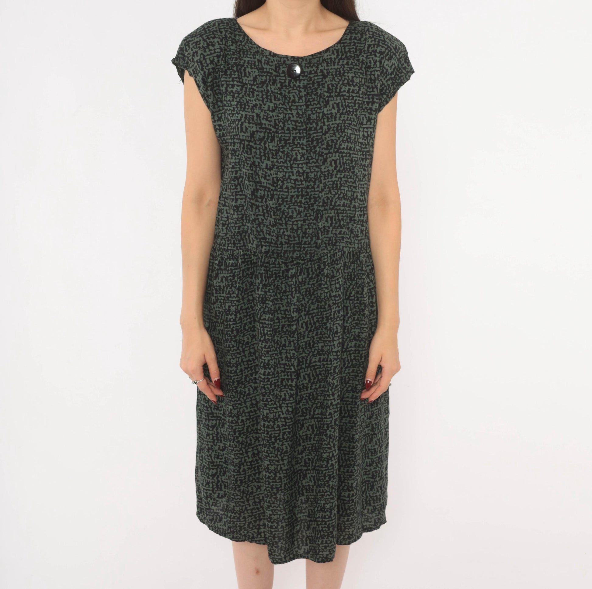 90s Items Abstract Print Dress Olive Black Cap Sleeve Medium M