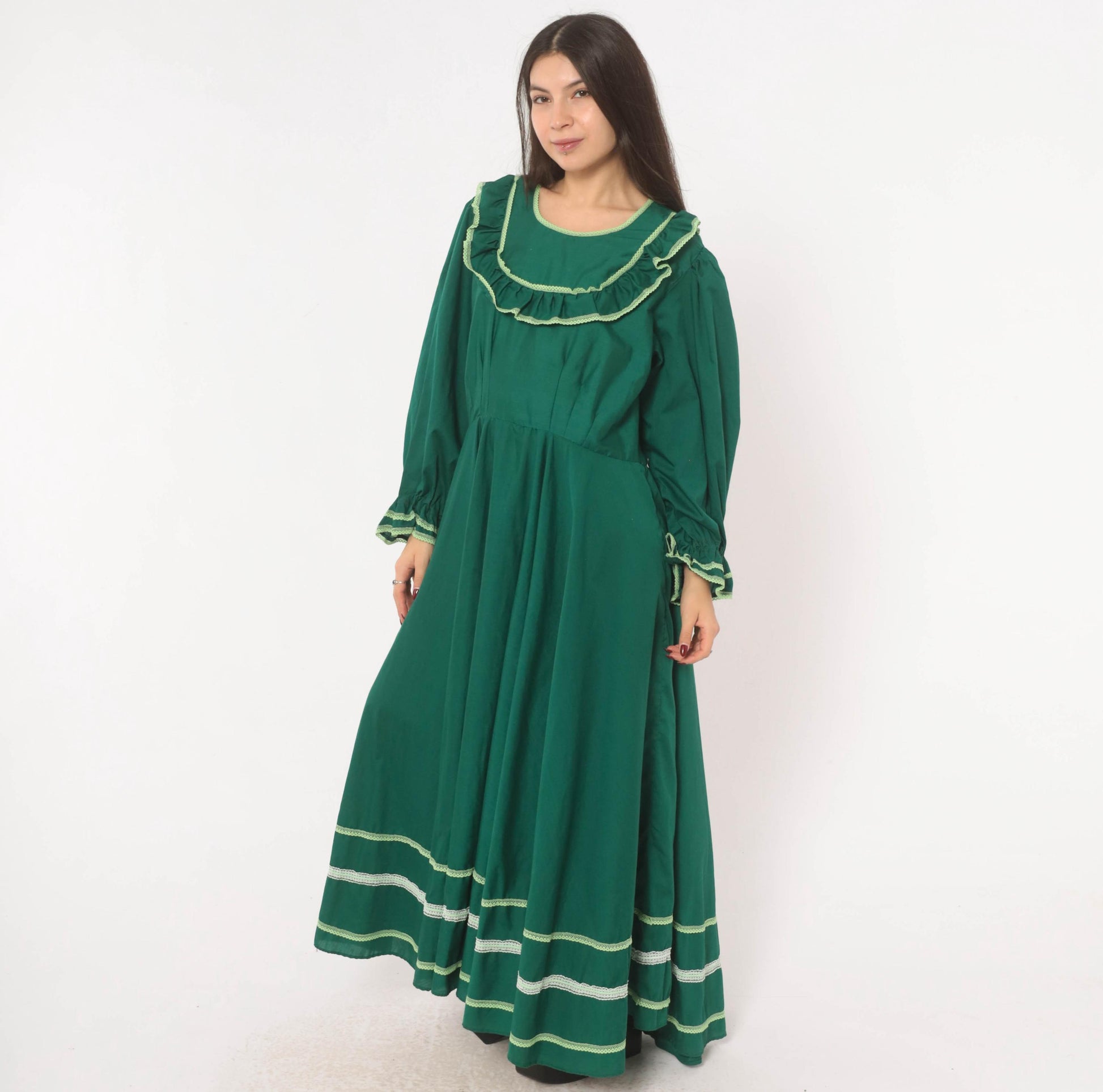 70s Forest Green Prairie Maxi Dress Lace Ruffle Puff Sleeve Large L