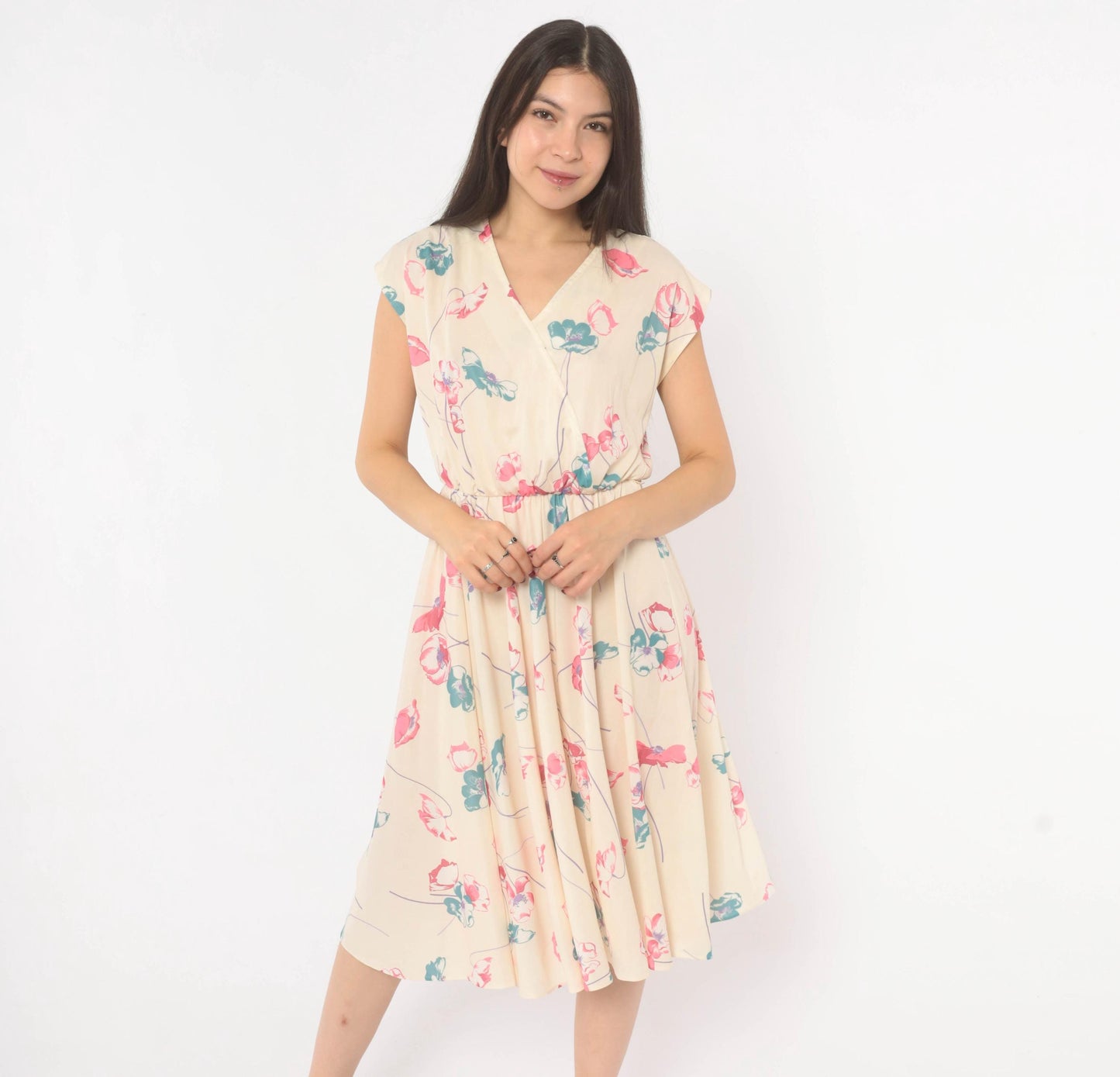 80s Floral Wrap Dress Cream Pink Teal Cap Sleeve Knee Length Medium