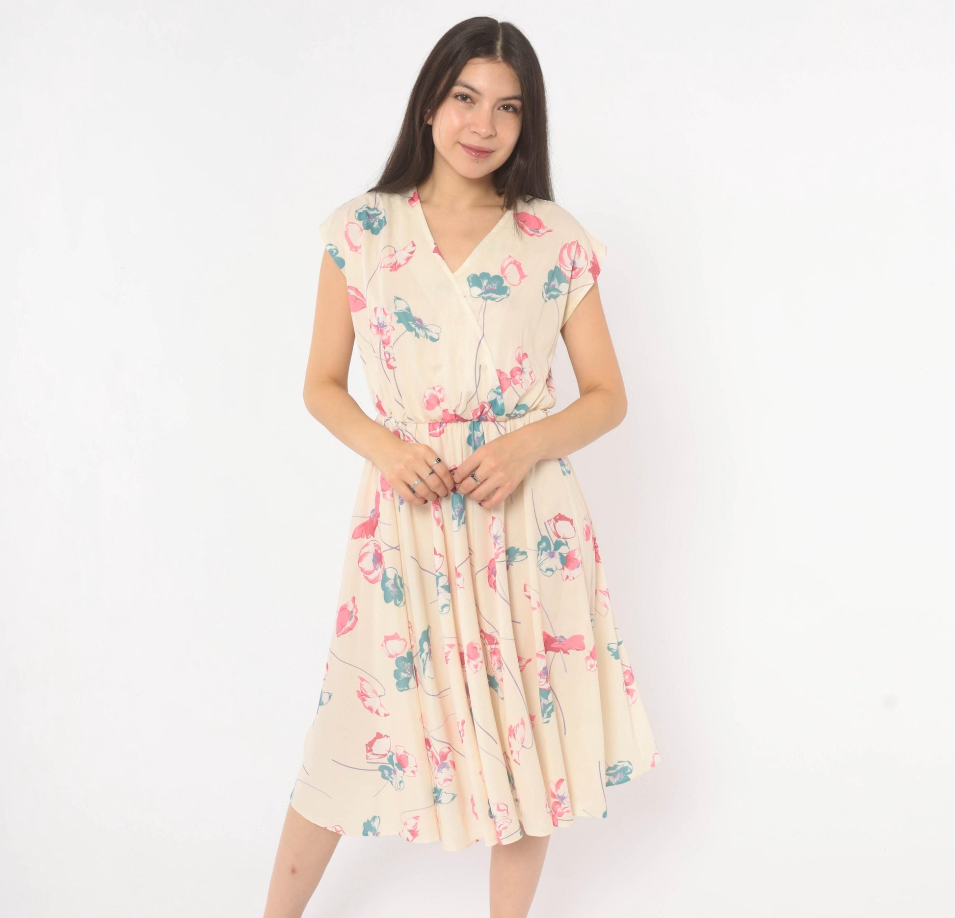 80s Floral Wrap Dress Cream Pink Teal Cap Sleeve Knee Length Medium