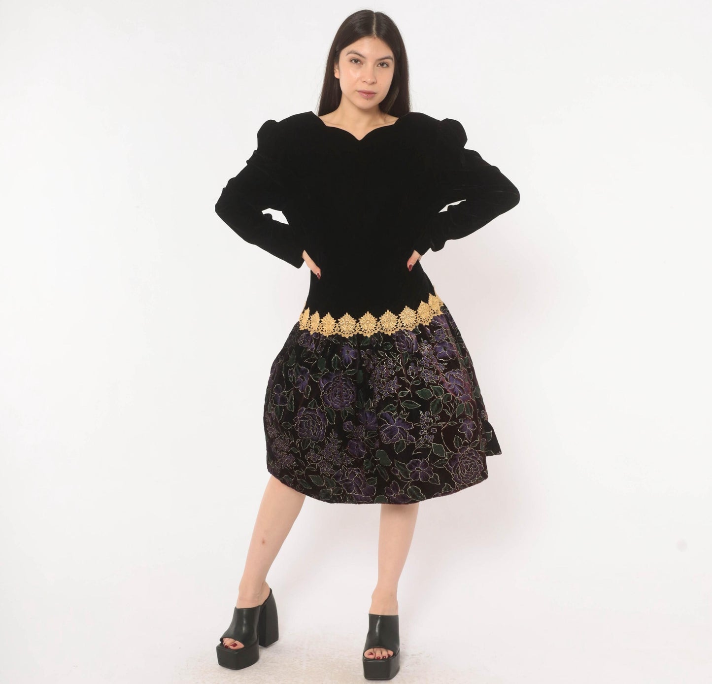 90s Scott Mcclintock Black Velvet Drop Waist Dress Purple Floral Open Back Large
