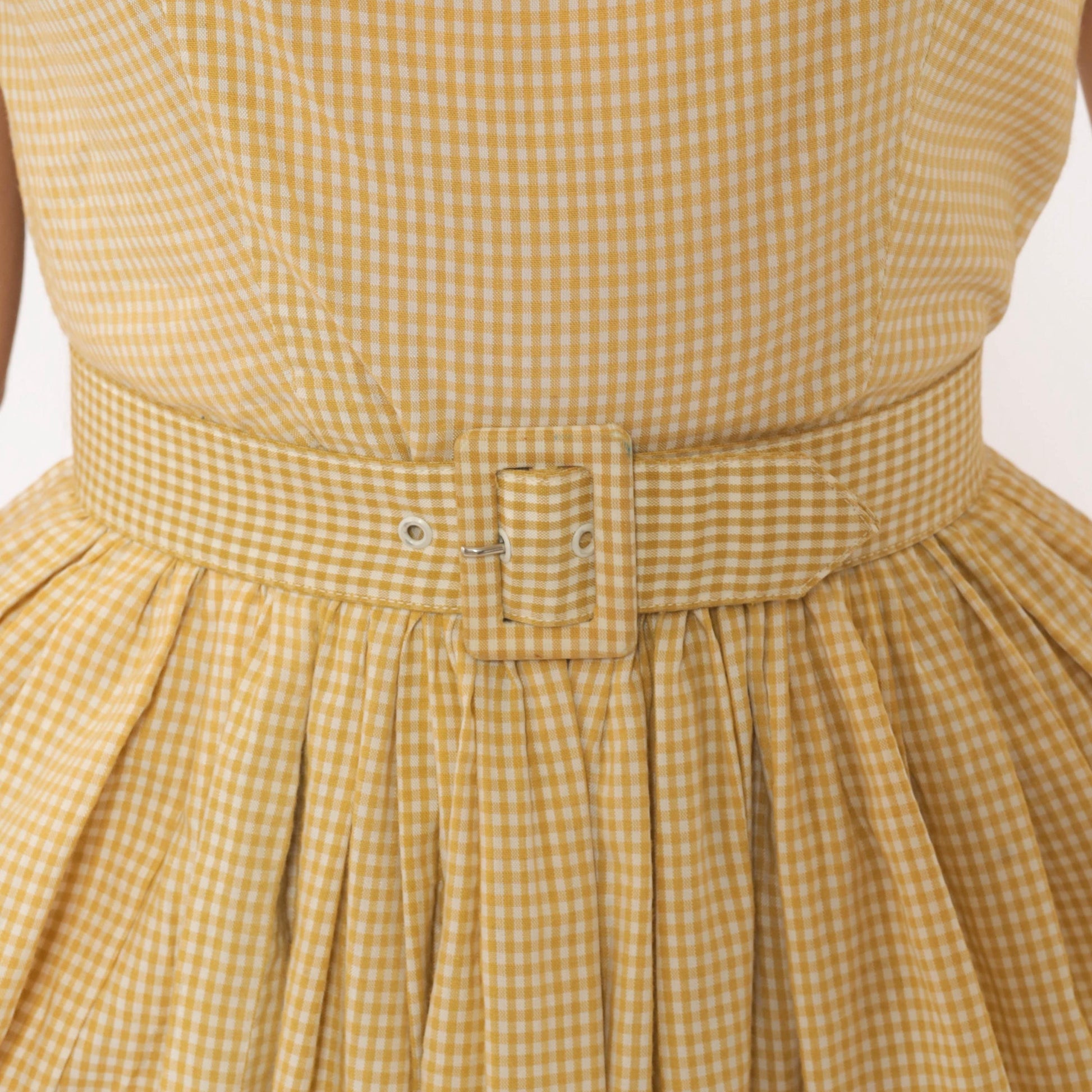 1950s P.S. Andrews Co Gingham Sundress Yellow White Cotton Fit Flare Extra Small XS