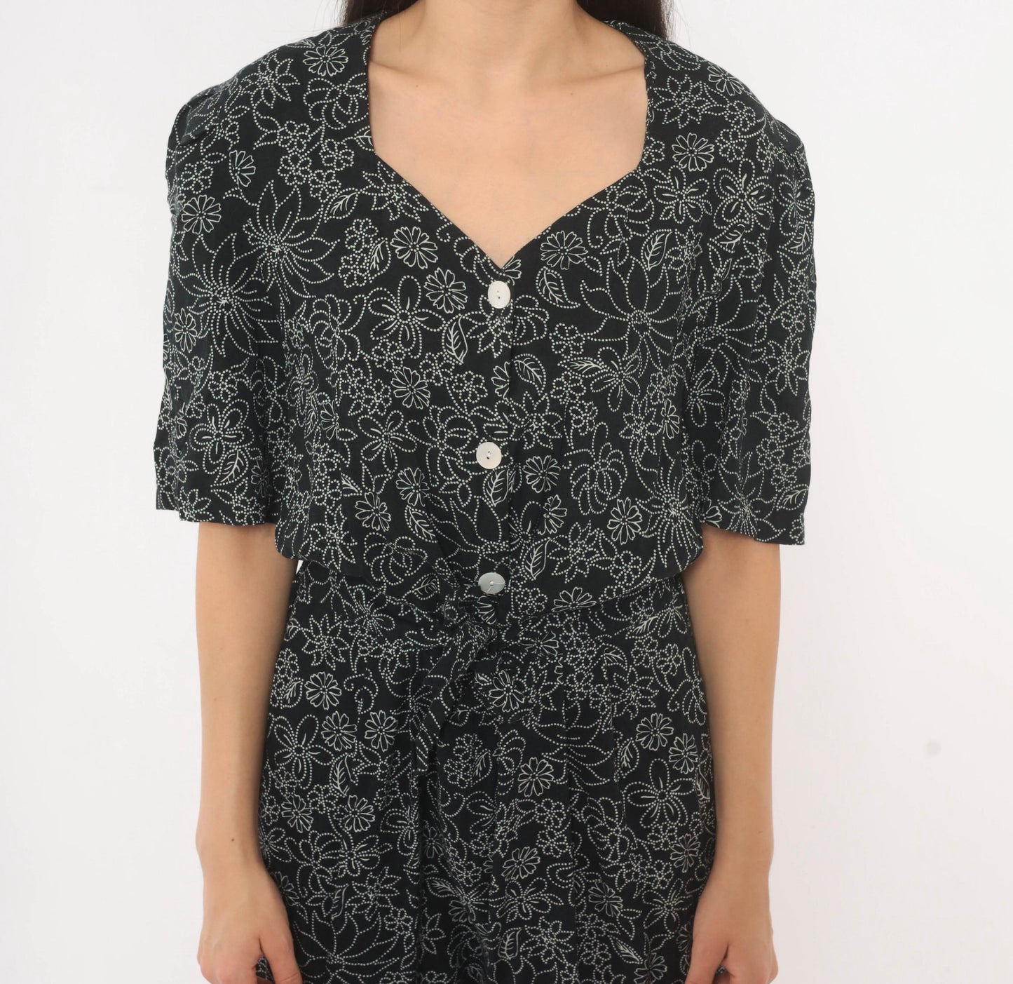 90s Molly Malloy Floral Jumpsuit Black White Dotted Print V Neck Small