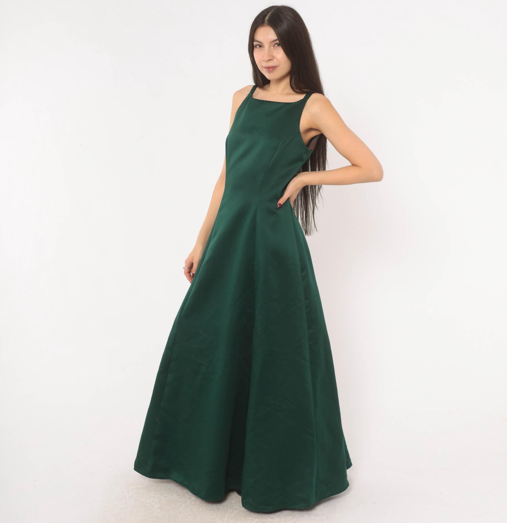 90s Betsy & Adam Emerald Satin Maxi Gown Square Neck A-Line Evening Dress Small