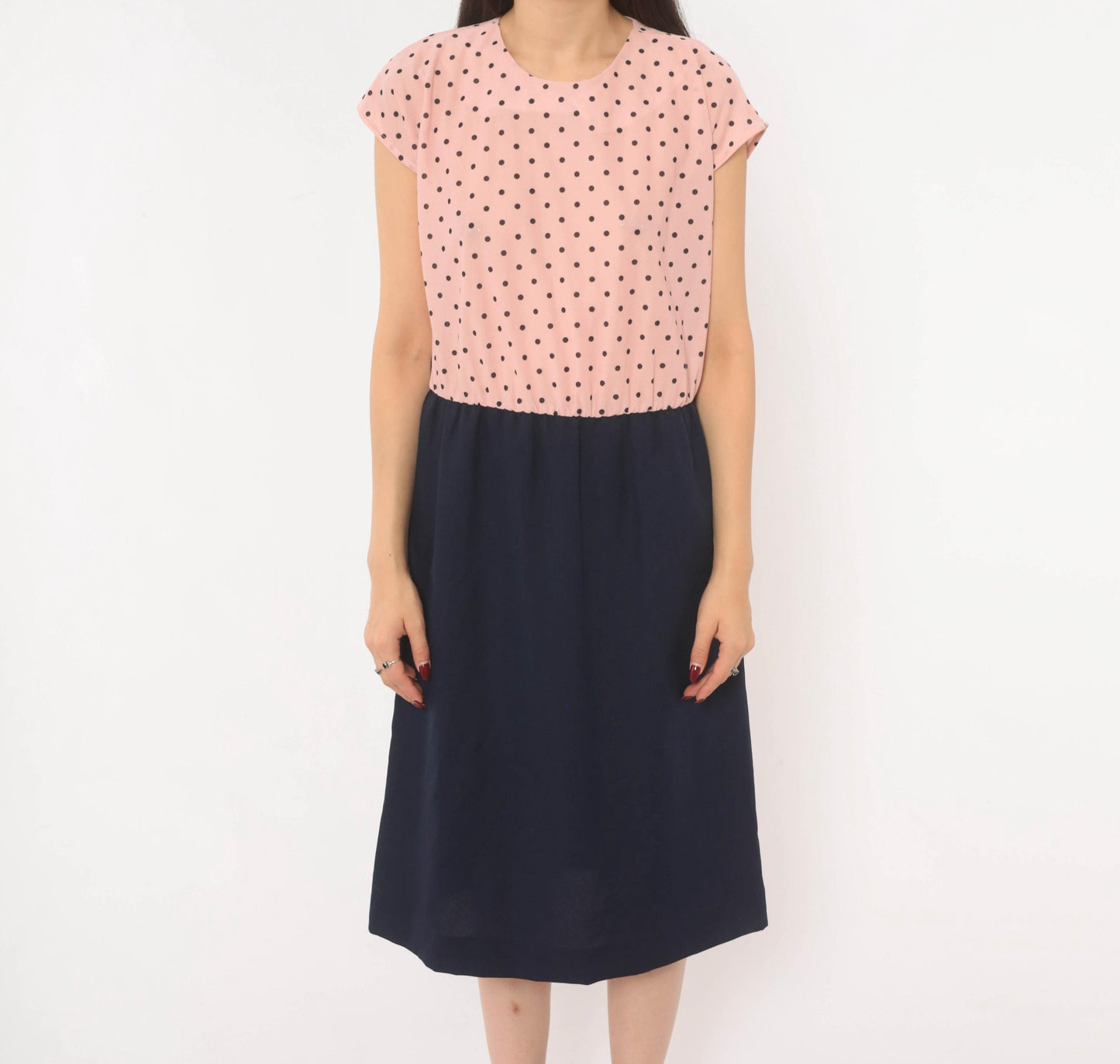 80s Two-Tone Polka Dot Dress Pink Navy Cap Sleeve A-Line Medium M