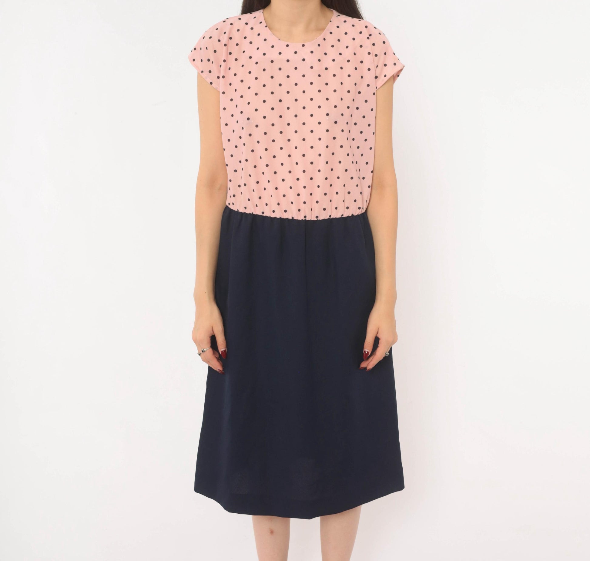 80s Two-Tone Polka Dot Dress Pink Navy Cap Sleeve A-Line Medium M