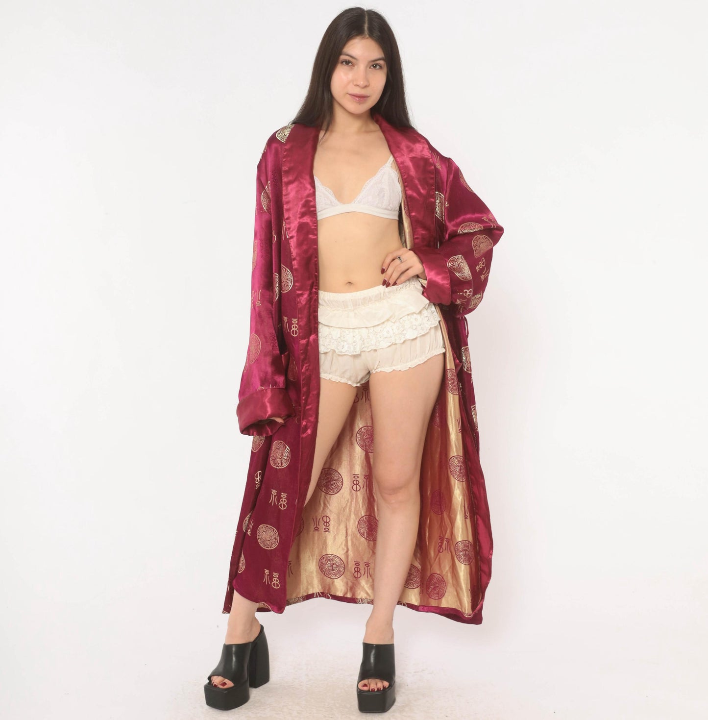 90s Magenta Satin Robe Gold Jacquard Medallion Kimono Maxi Duster Large L