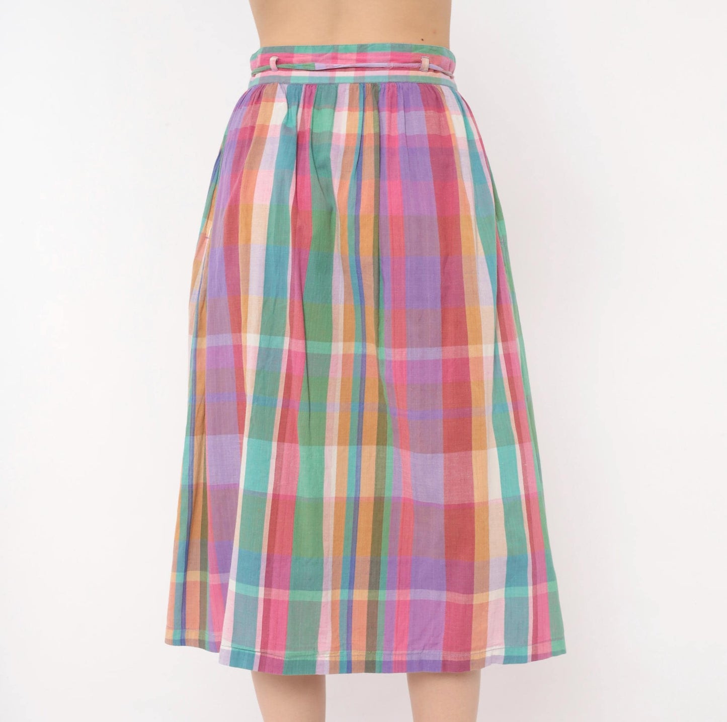 80s Michel Madras Plaid Cotton Midi Skirt Gathered A-Line Pink Teal Small