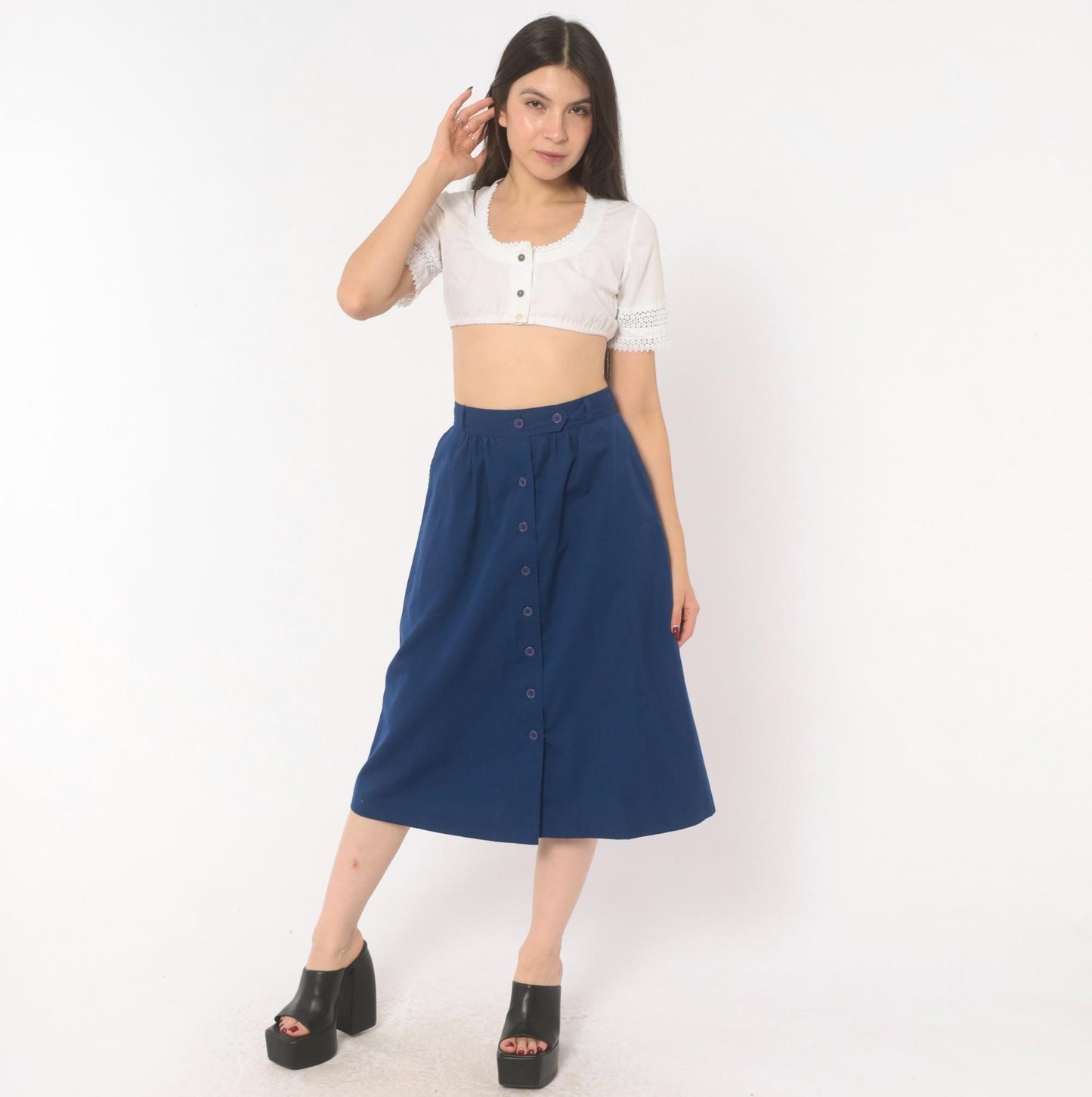 80s Navy Button Front A-Line Skirt Cotton Knee Length Medium M